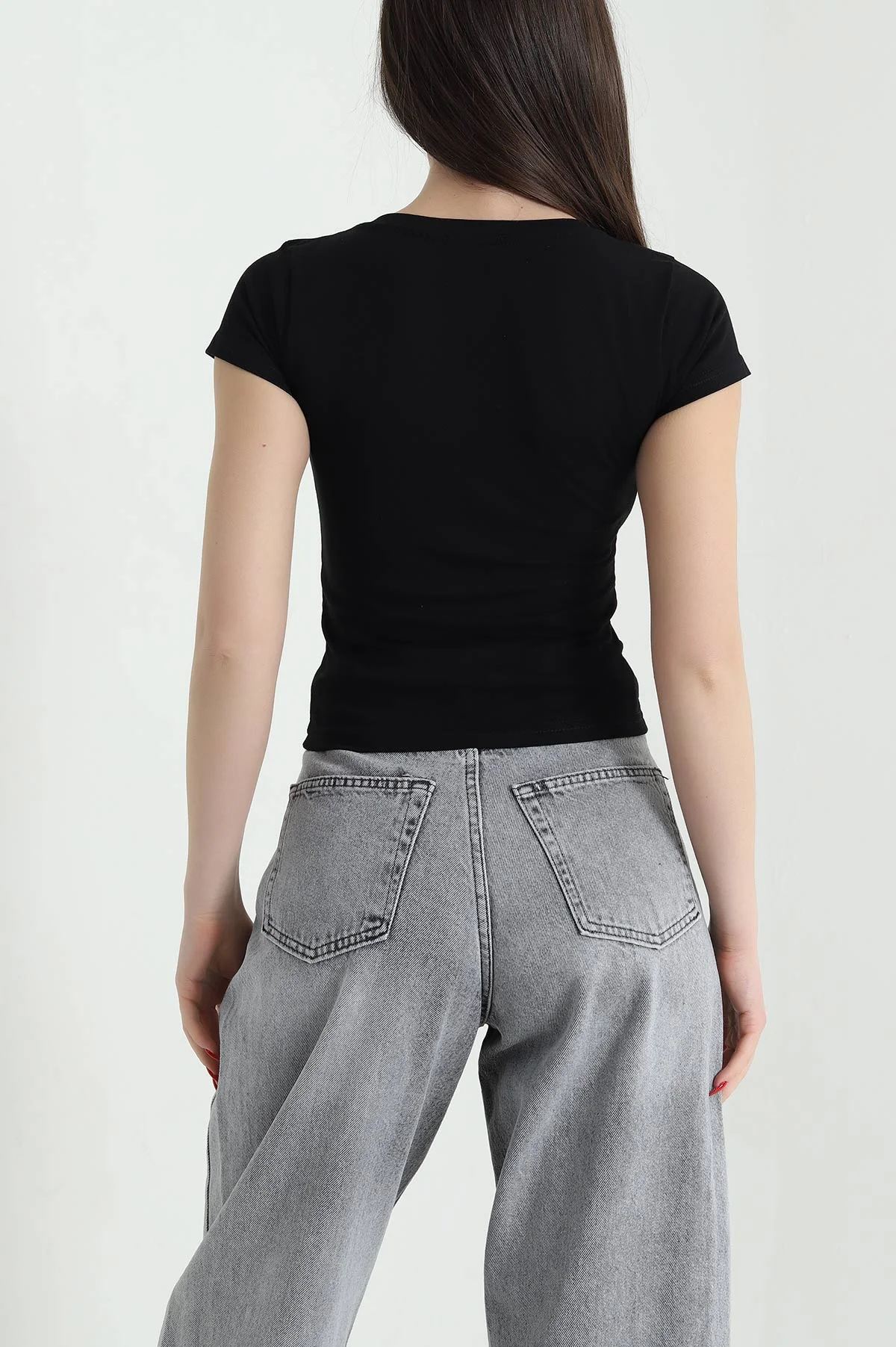 Siyah V Yaka Kısa Kol Kadın Body 439578