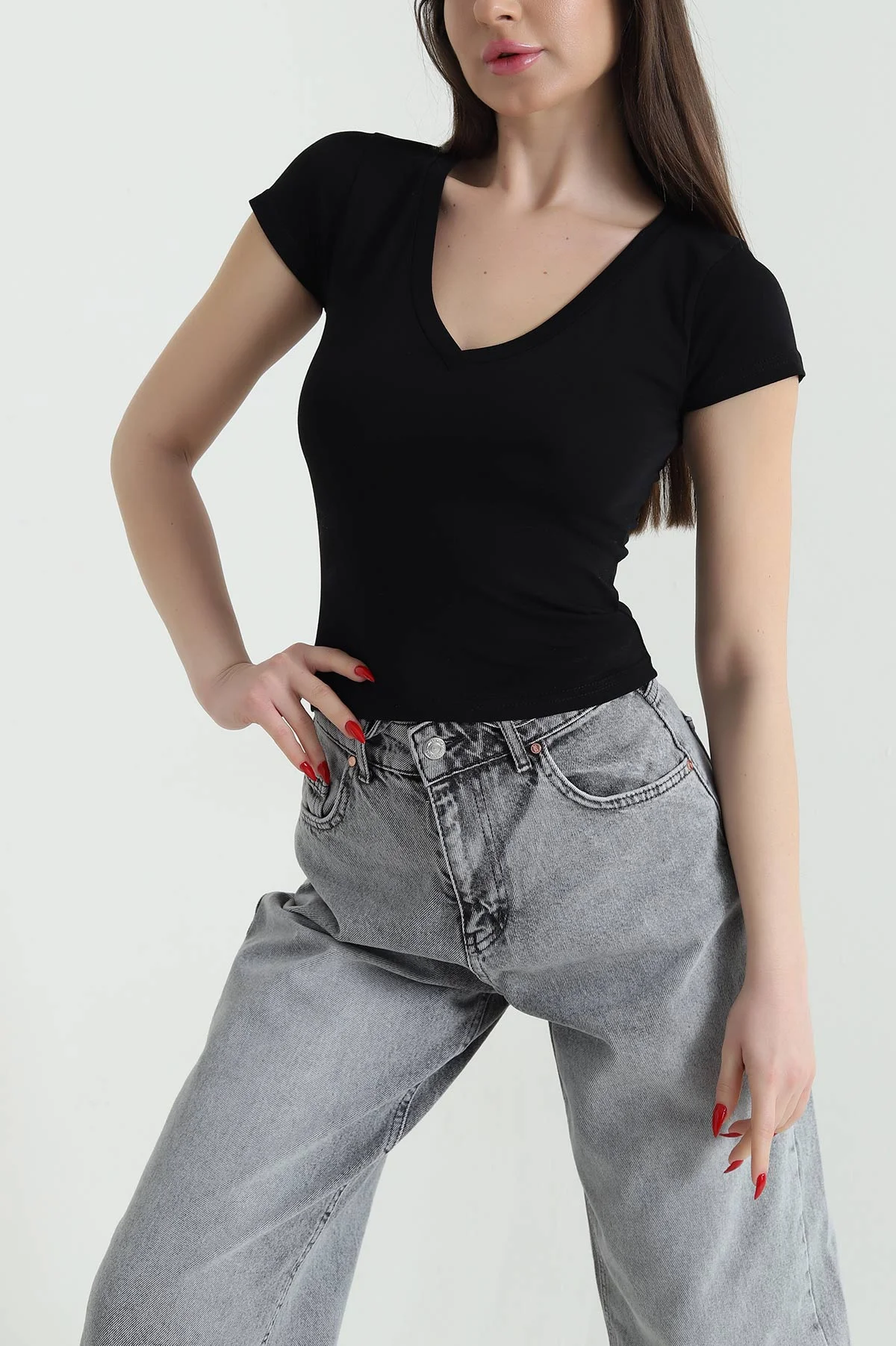 Siyah V Yaka Kısa Kol Kadın Body 439578