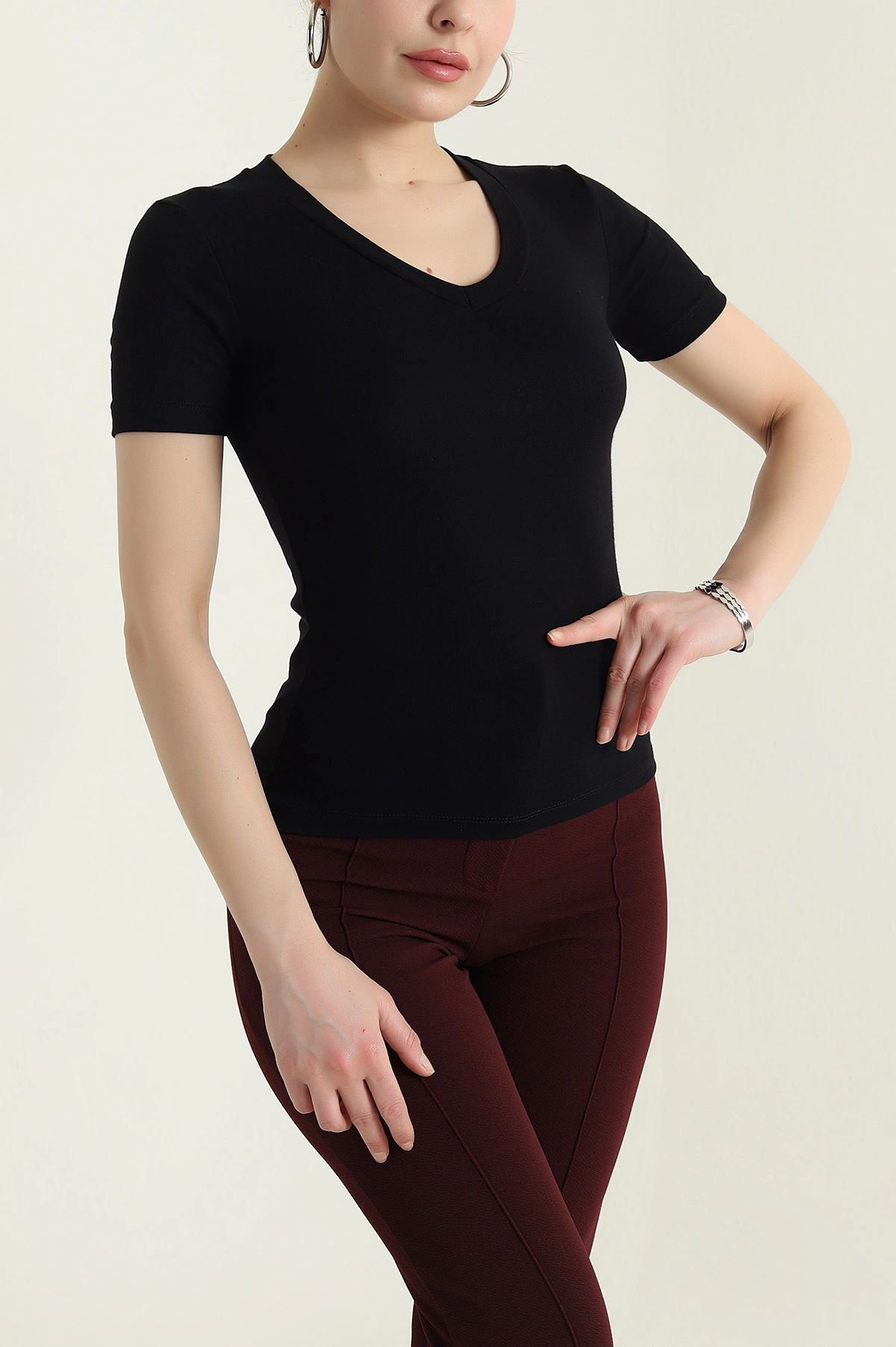 Siyah V Yaka Likralı Kadın Bluz 437218
