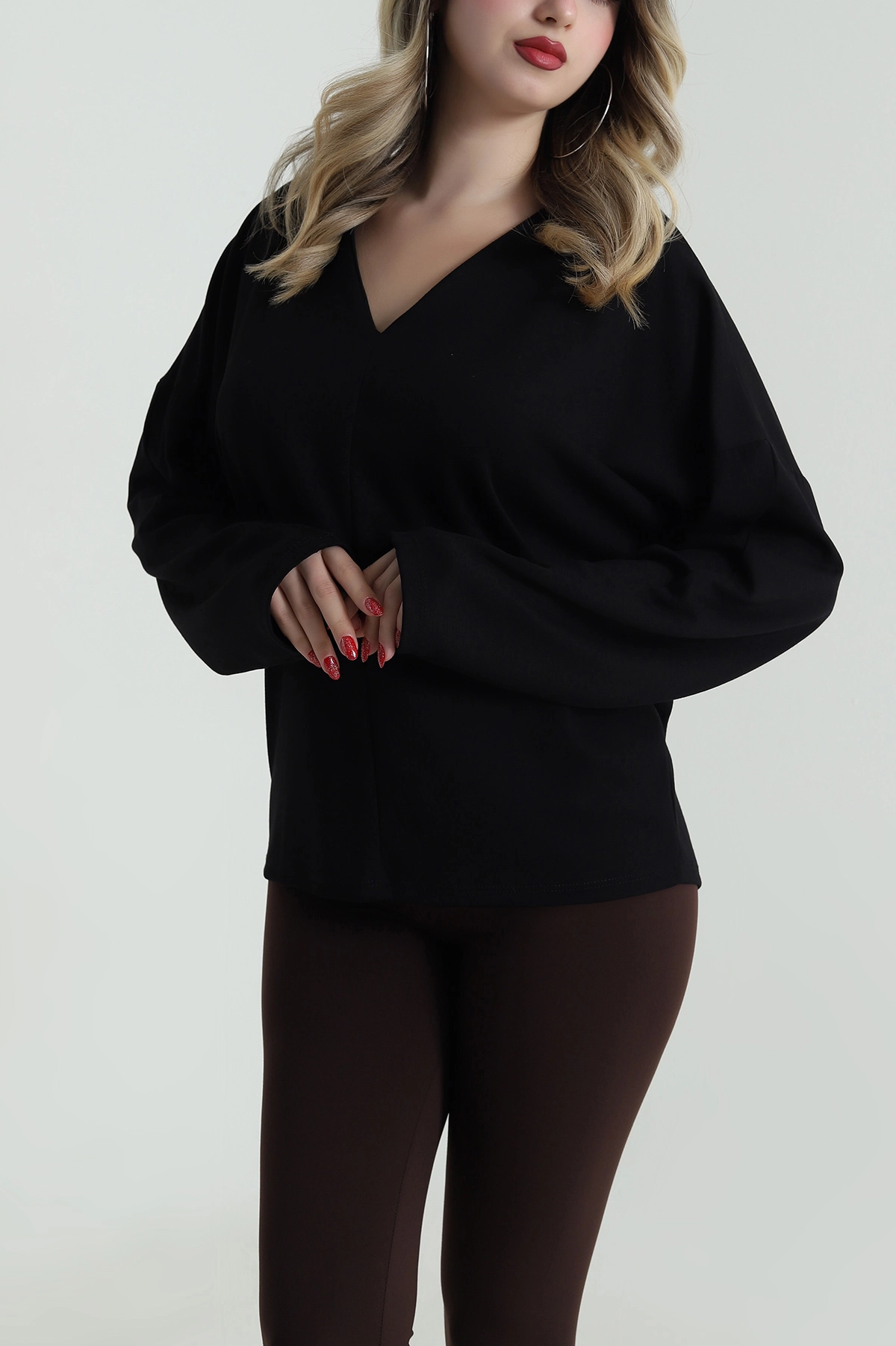 Siyah V Yaka Oysho Kadın Bluz 485751