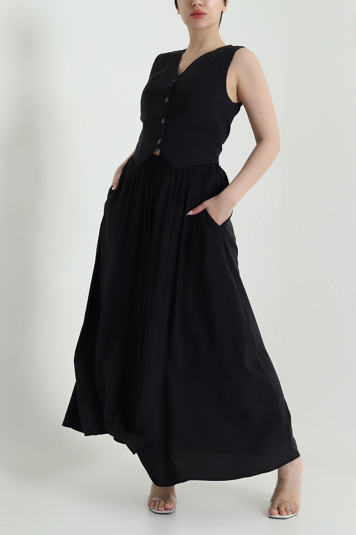 Siyah V Yaka Tencel Kadın İkili Takım 462585