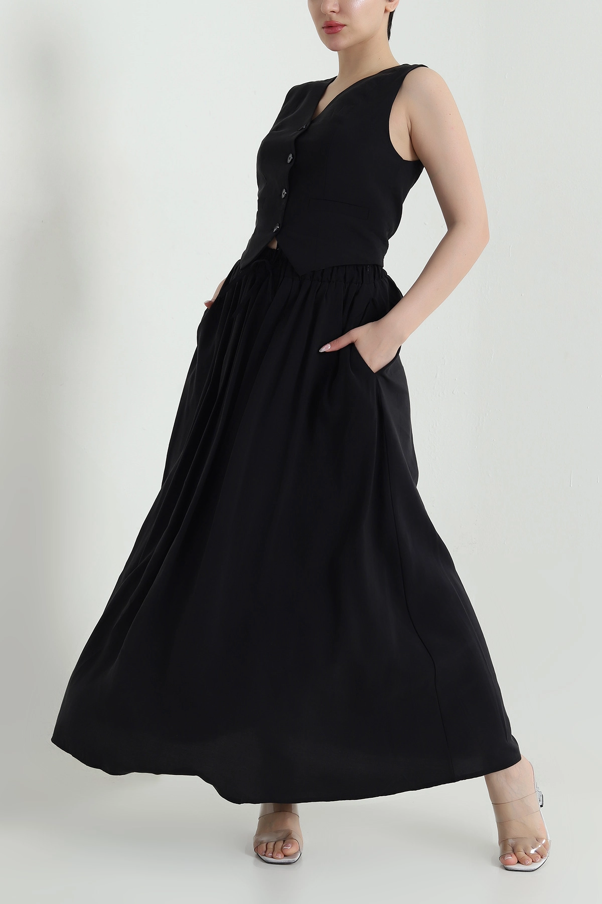 Siyah V Yaka Tencel Kadın İkili Takım 462585