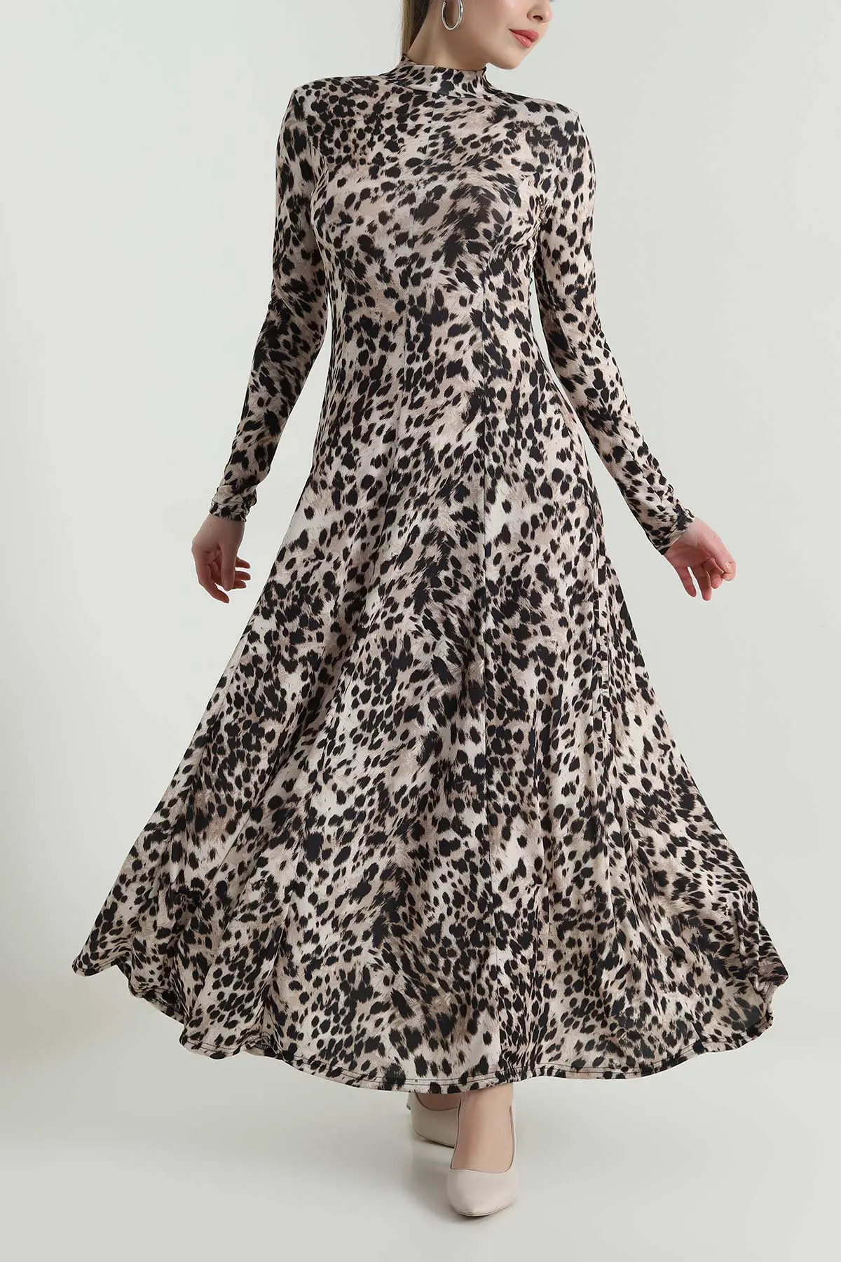 Siyah Vatkalı Leopar Desen Kadın Elbise 496430