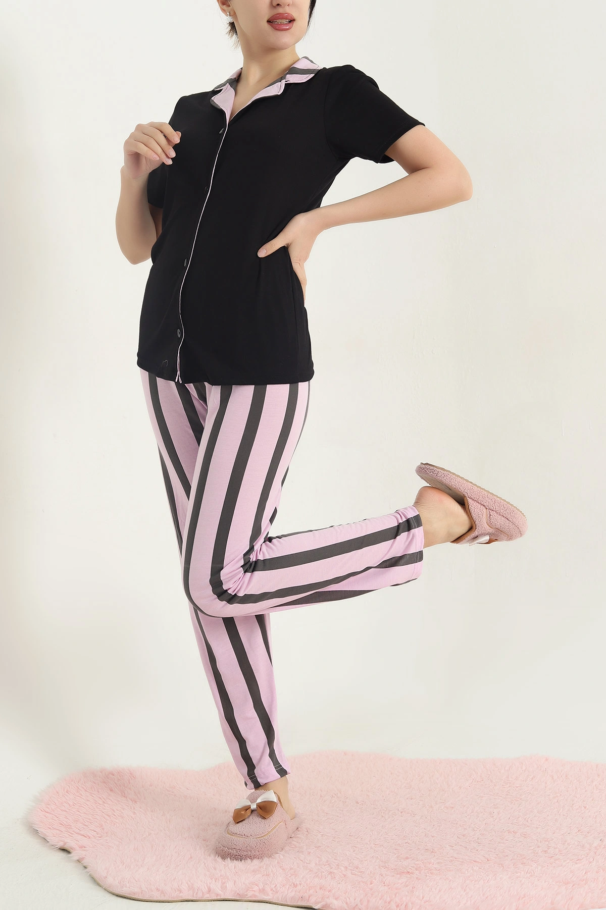 Siyah Viskon Düğmeli Kadın Pijama Takımı 341723