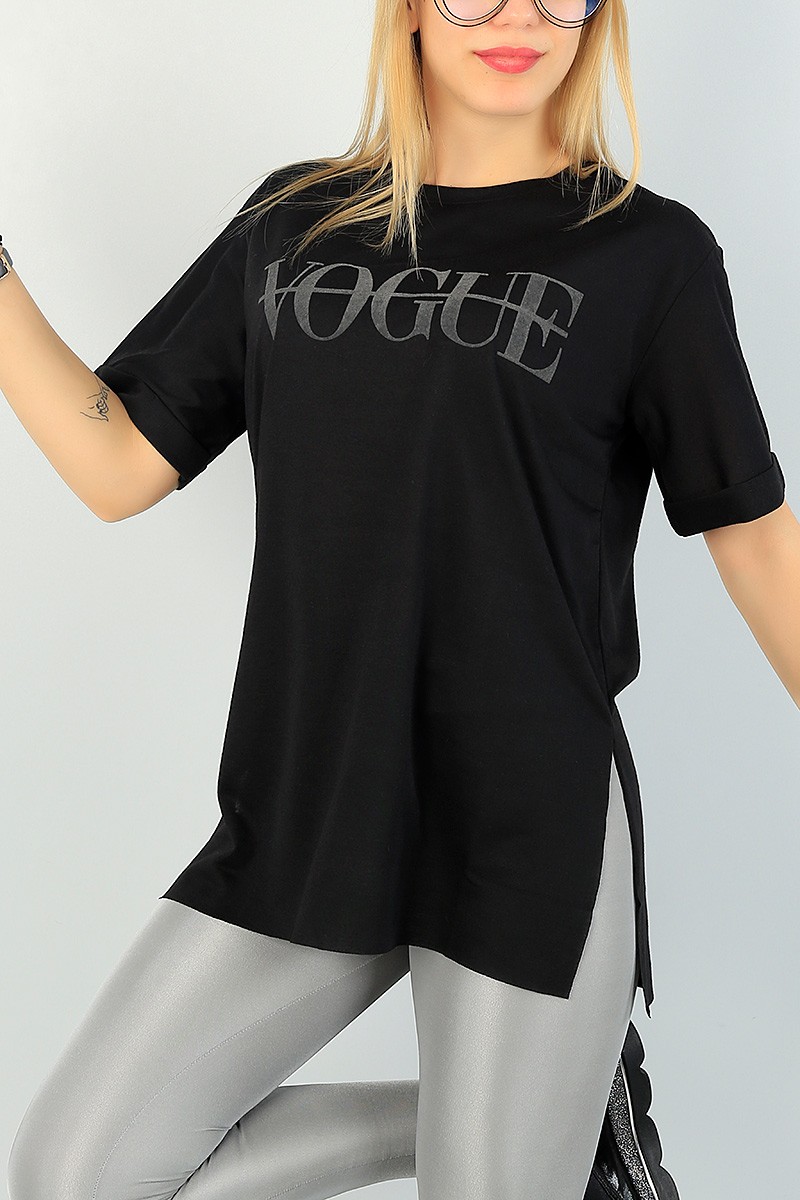 Siyah Vogue Baskılı Bayan Duble Kol Tişört 66735