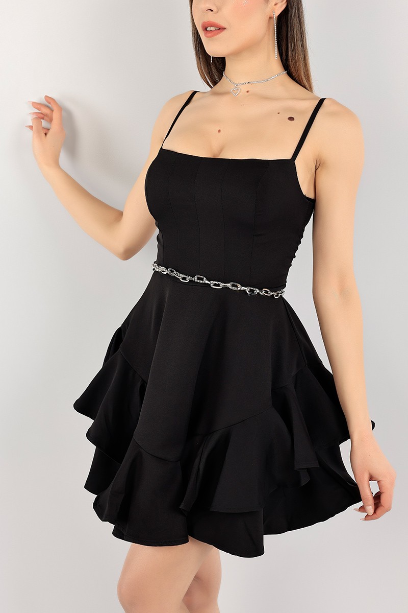Siyah Volanlı Tasarım Destekli Elbise 104392