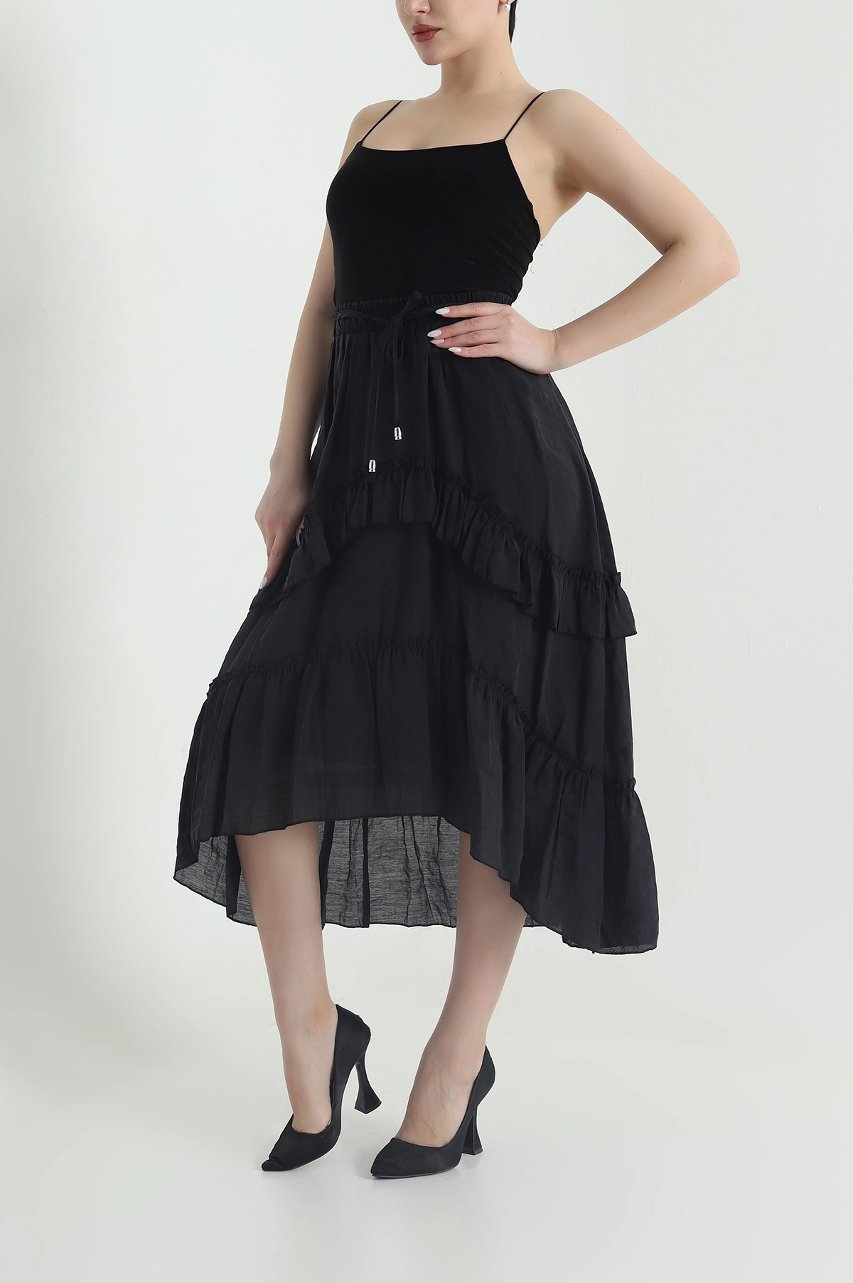 Siyah Volanlı Tencel Kadın Etek 443045