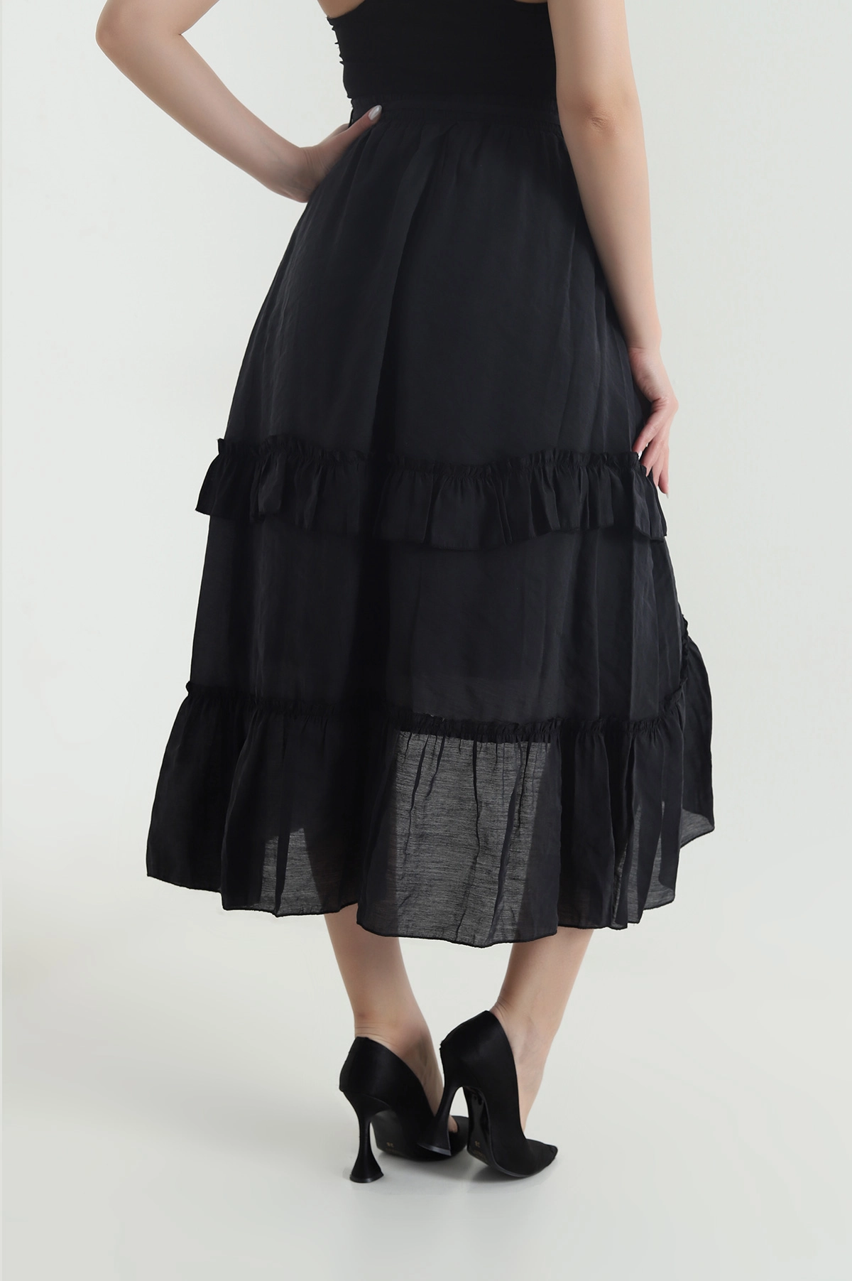 Siyah Volanlı Tencel Kadın Etek 443045