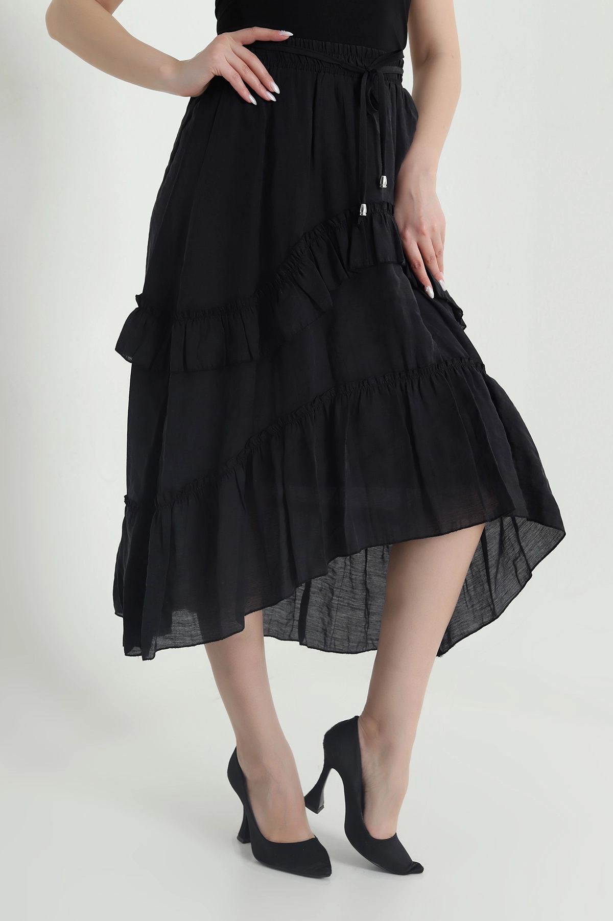 Siyah Volanlı Tencel Kadın Etek 443045