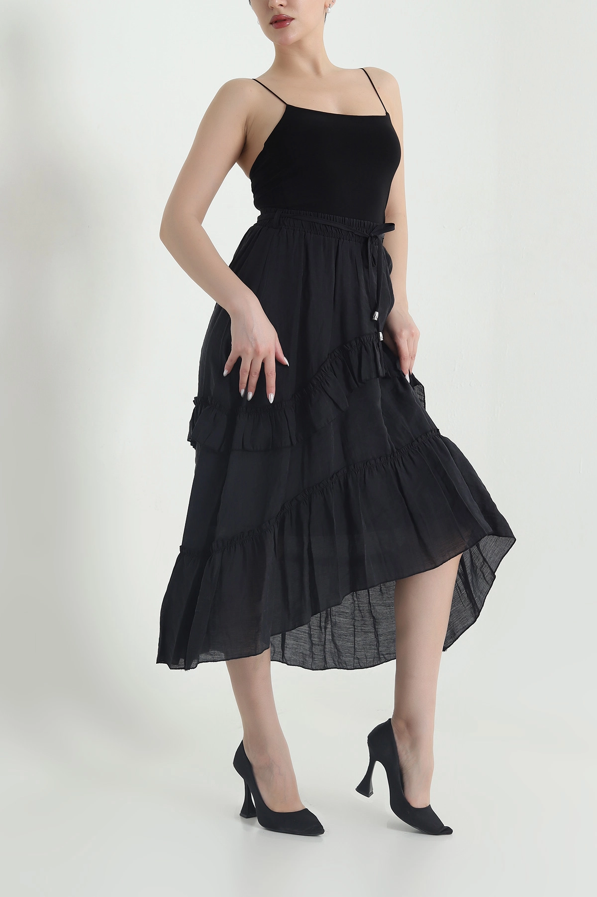 Siyah Volanlı Tencel Kadın Etek 443045