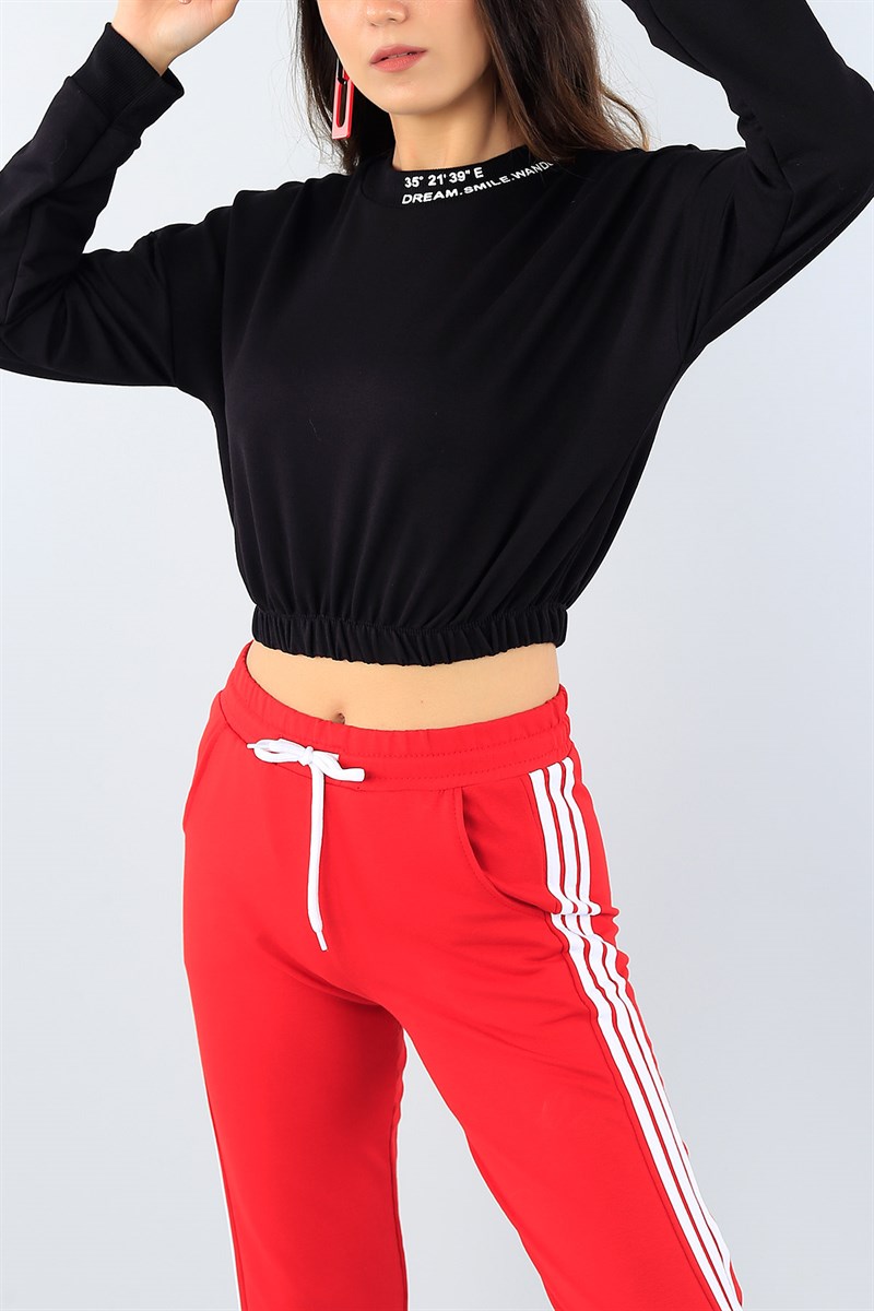 Siyah Yaka Baskı Beli Lastikli Crop Sweat 39211