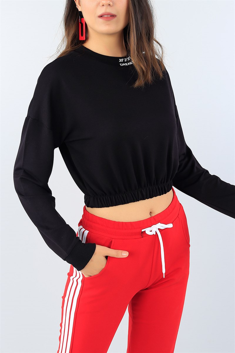 Siyah Yaka Baskı Beli Lastikli Crop Sweat 39211