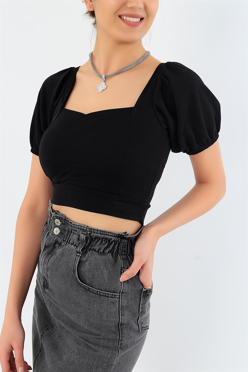 Siyah Yaka Detay Crop Bluz 30592