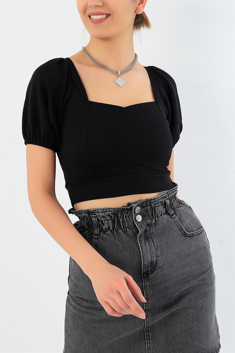Siyah Yaka Detay Crop Bluz 30592
