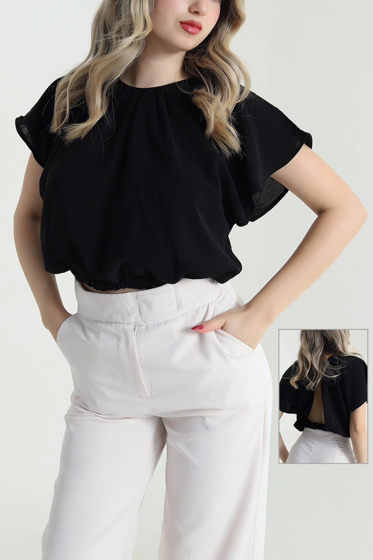 Siyah Yaka Pileli Beli Lastikli Kadın Bluz 473703