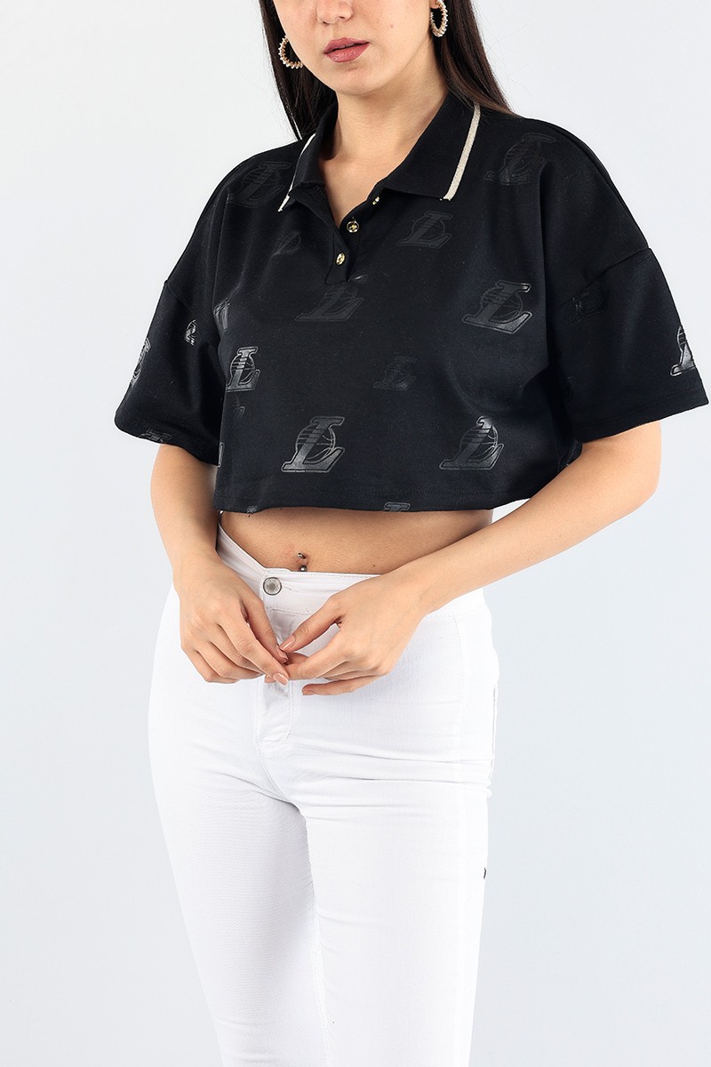 Siyah Yakalı Bayan Crop Sweat 88535