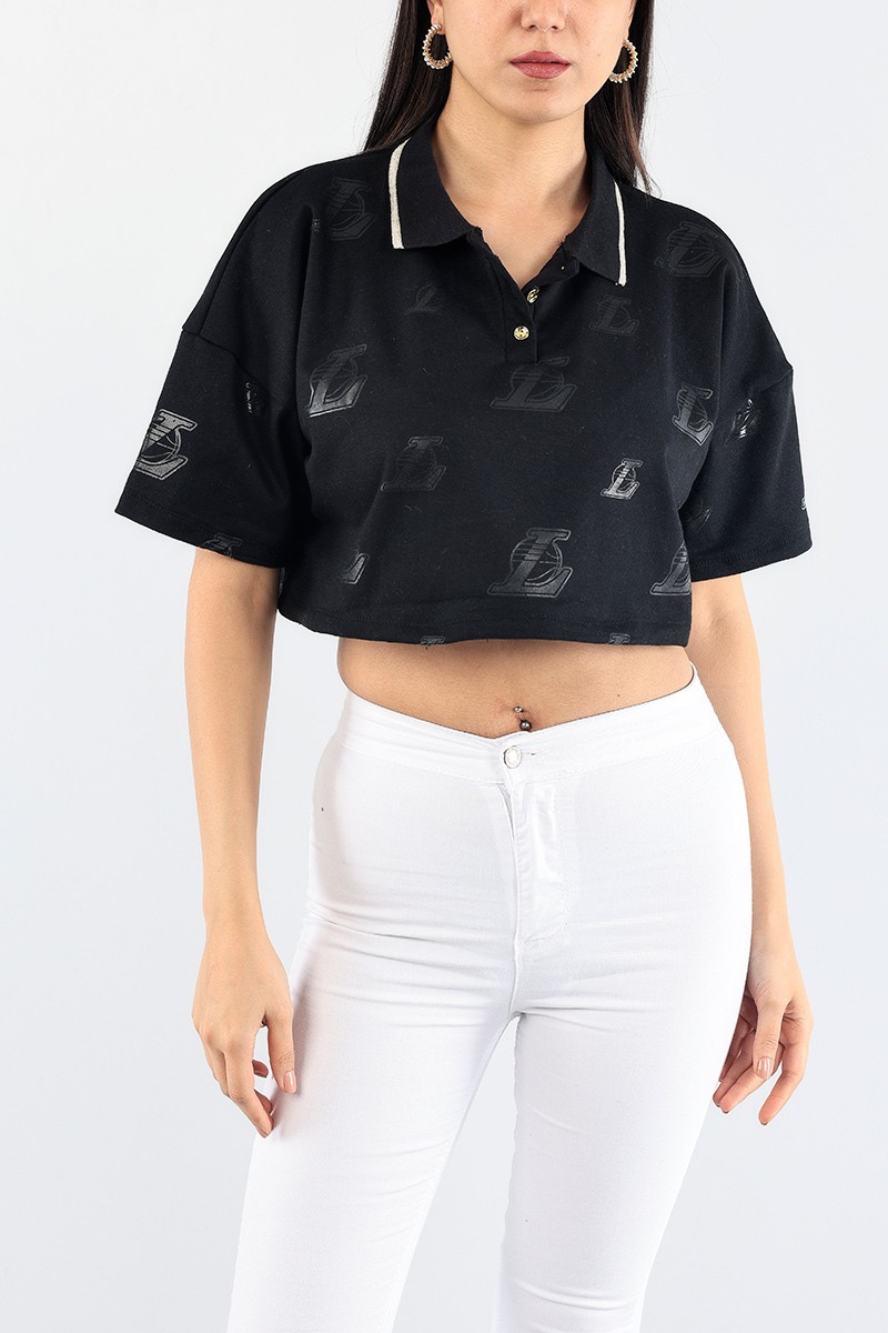 Siyah Yakalı Bayan Crop Sweat 88535
