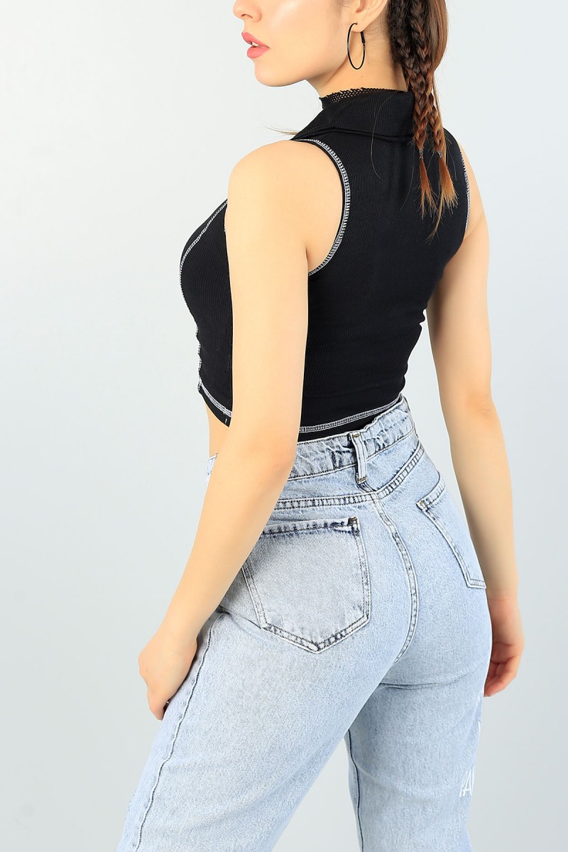 Siyah Yakalı Fermuarlı Bluz 62473