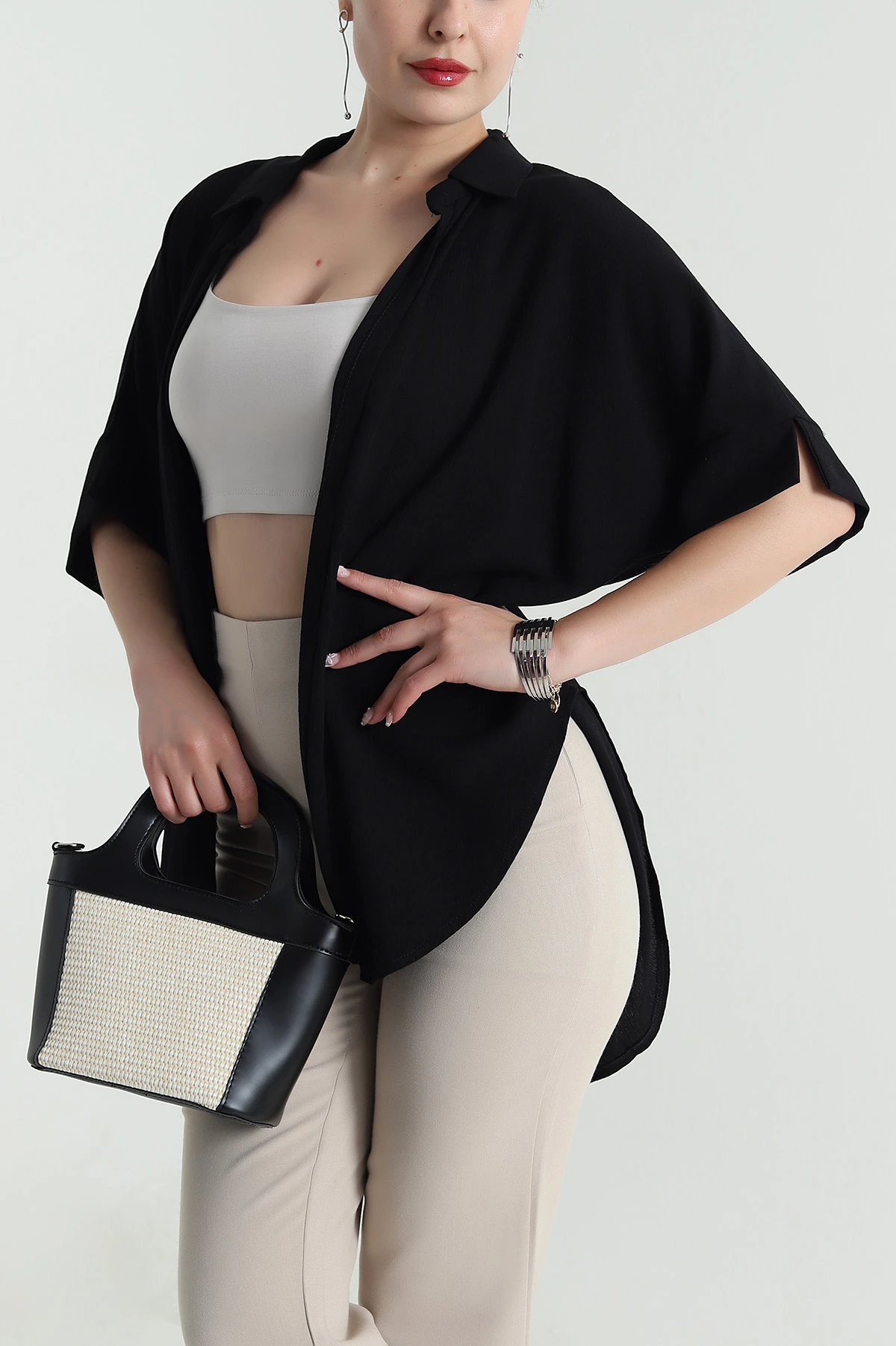 Siyah Yakalı Viskoz Kadın Kimono 481147