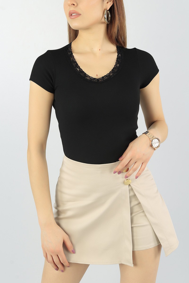 Siyah Yakası Dantelli Bayan Likralı Crop 56778