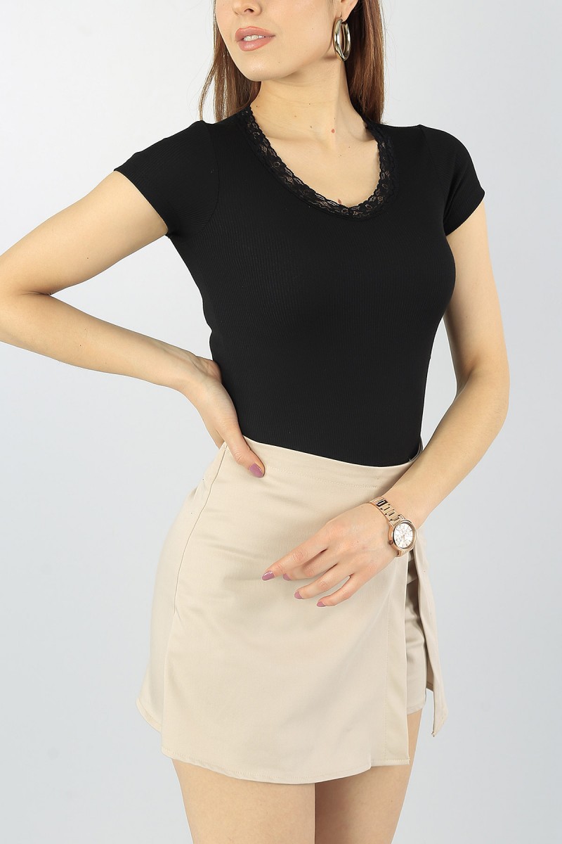 Siyah Yakası Dantelli Bayan Likralı Crop 56778