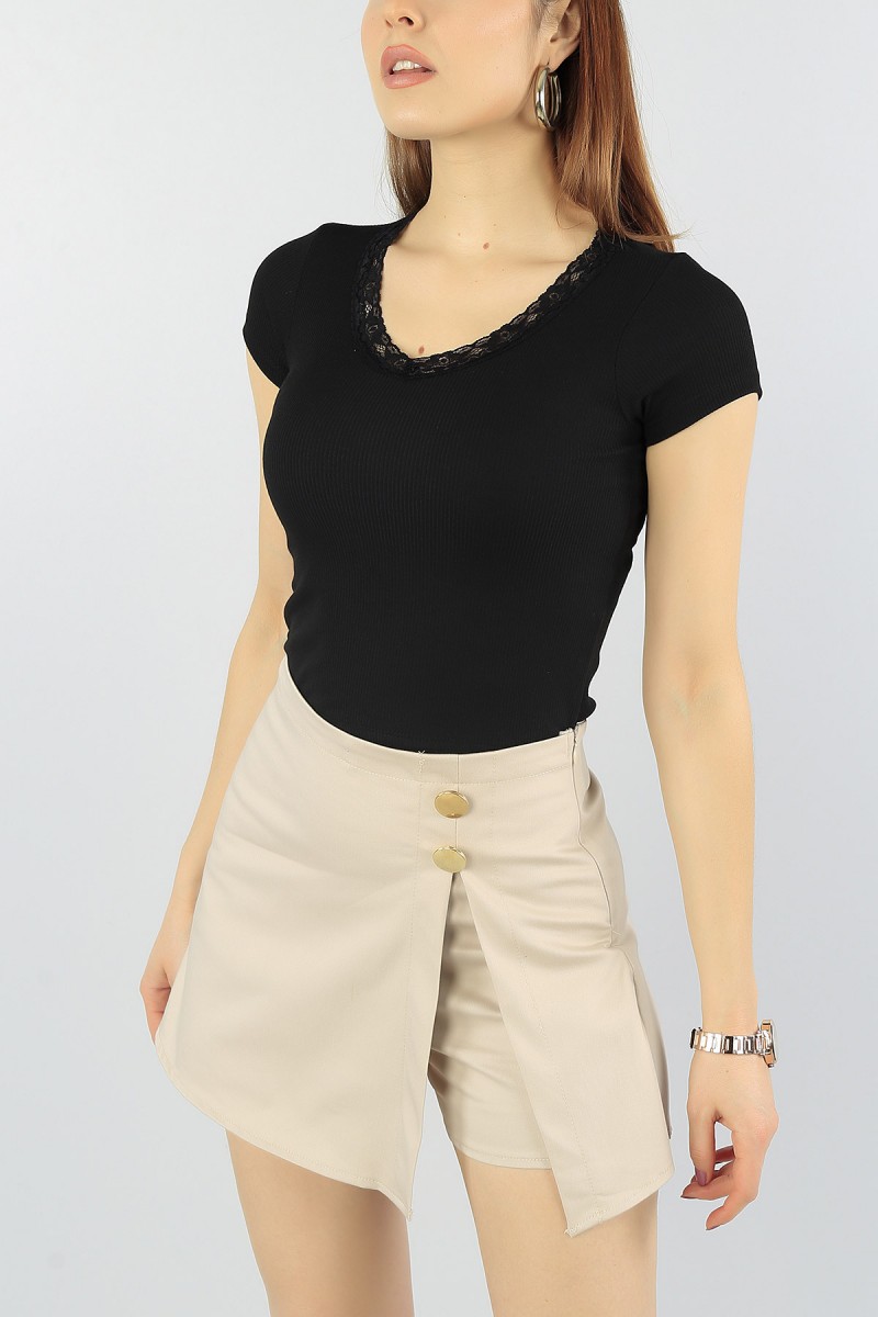 Siyah Yakası Dantelli Bayan Likralı Crop 56778