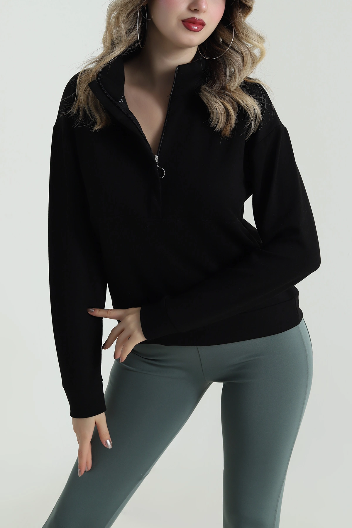 Siyah Yakası Fermuarlı Modal Kadın Sweat 488253