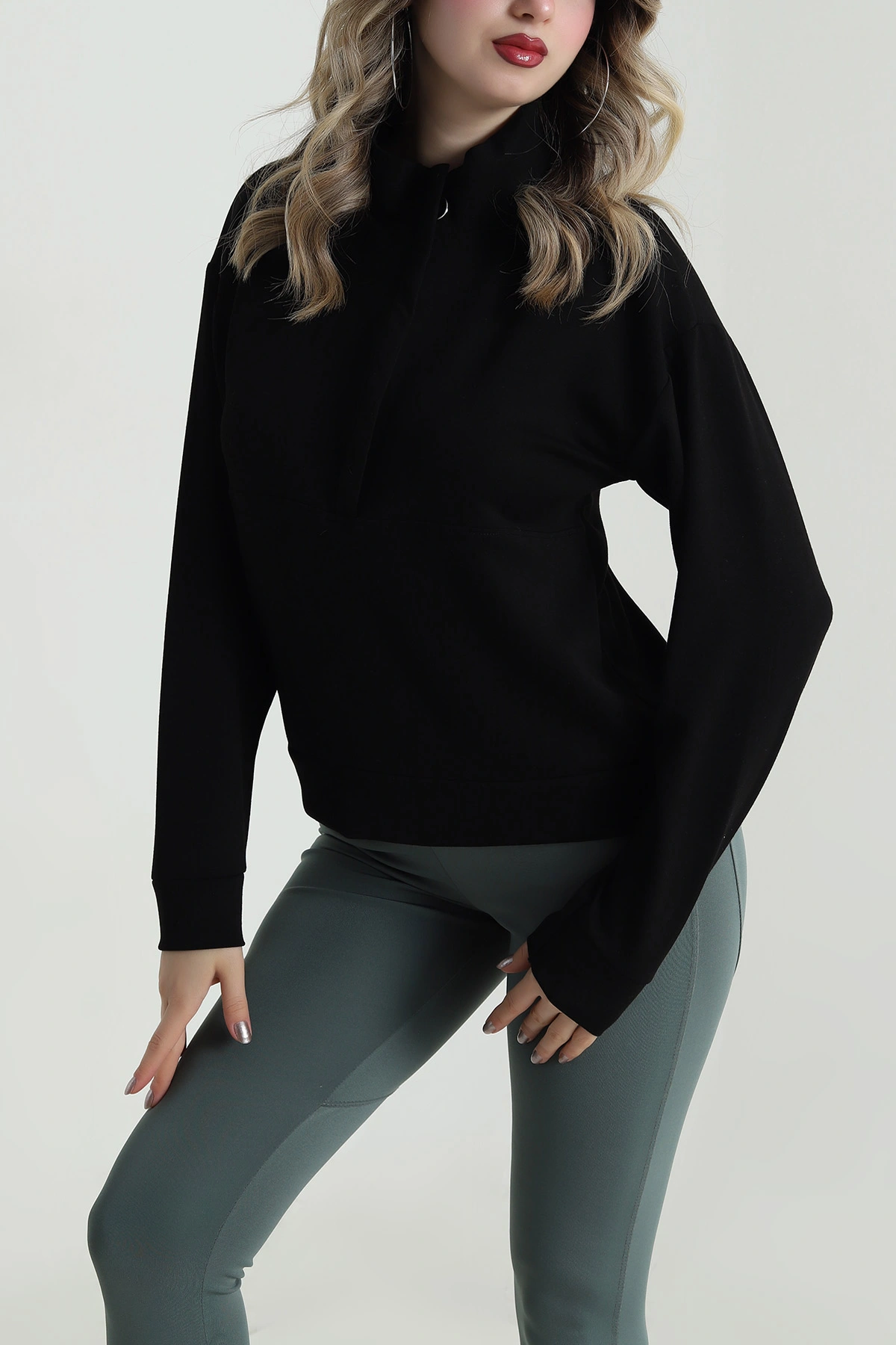 Siyah Yakası Fermuarlı Modal Kadın Sweat 488253