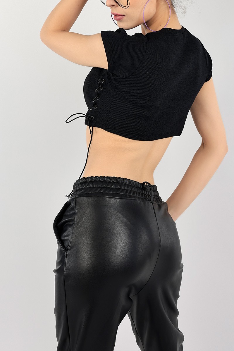 Siyah Yan Bağcıklı Fitilli Bluz 104733