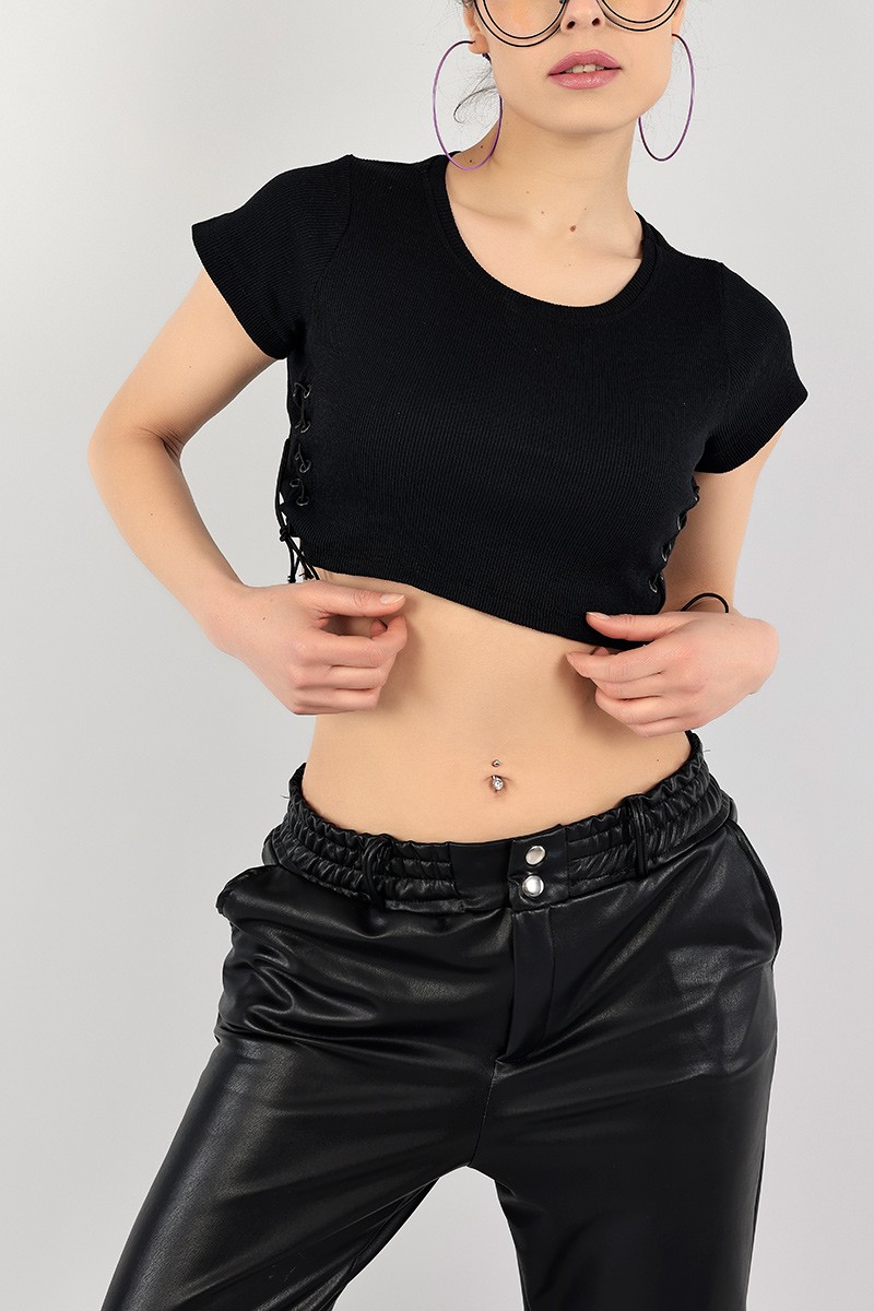 Siyah Yan Bağcıklı Fitilli Bluz 104733