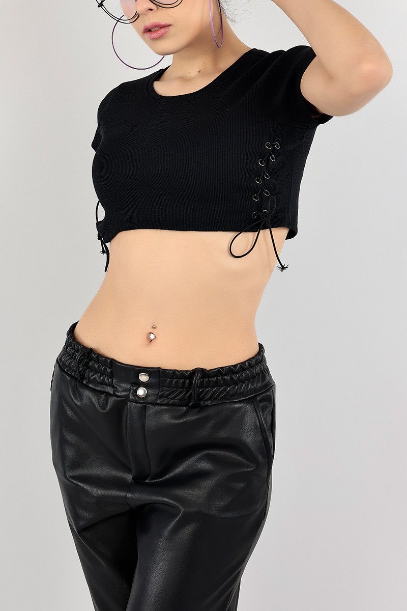Siyah Yan Bağcıklı Fitilli Bluz 104733