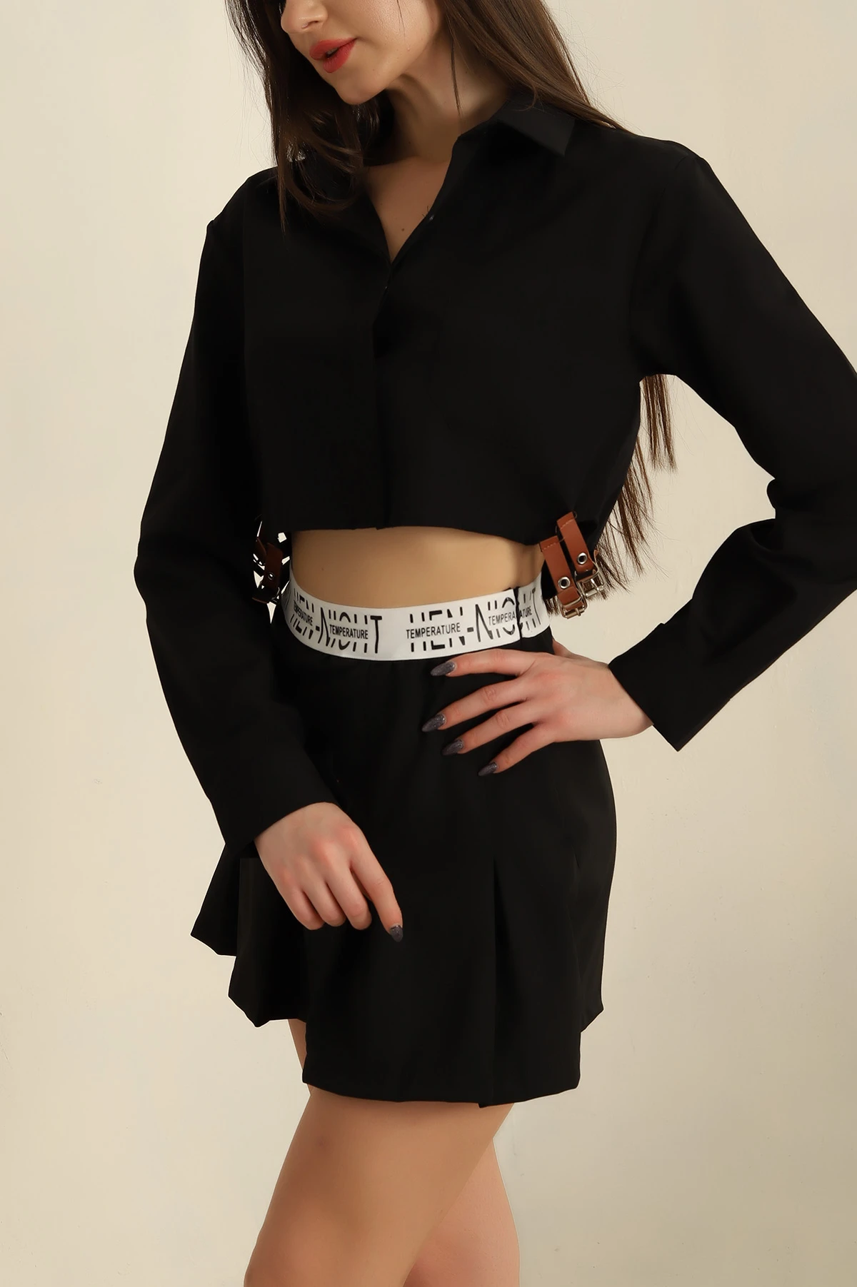 Siyah Yanı Kemerli Poplin Bayan Gömlek 257741
