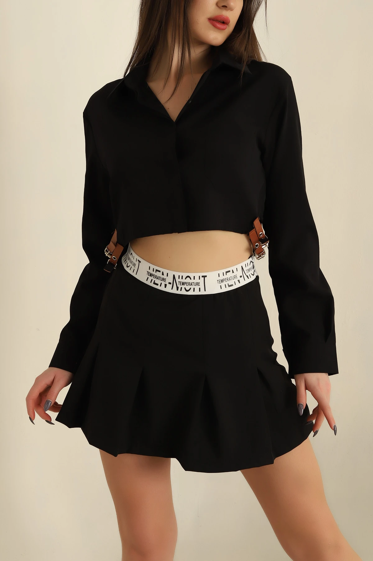 Siyah Yanı Kemerli Poplin Bayan Gömlek 257741