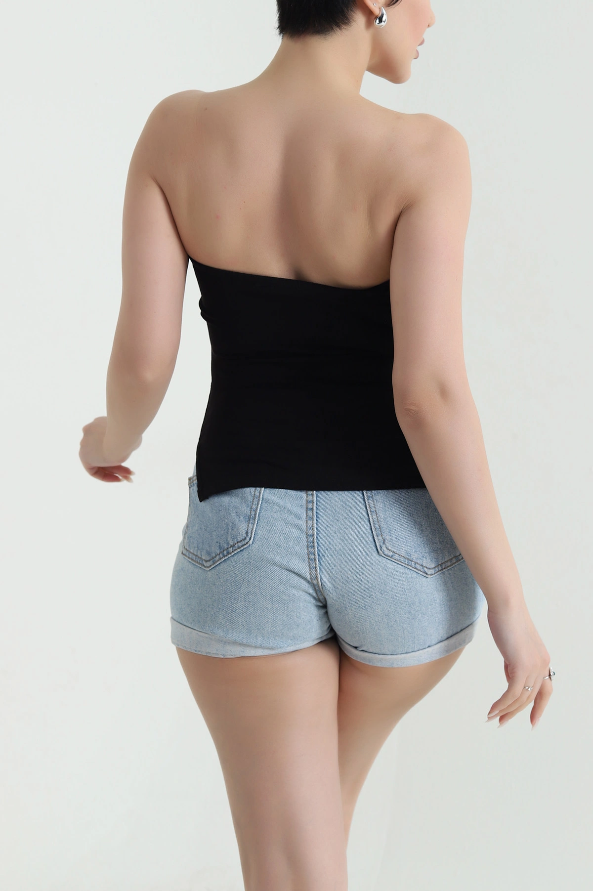 Siyah Yanı Yırtmaçlı Buzzy Kadın Straplez Bluz 448362