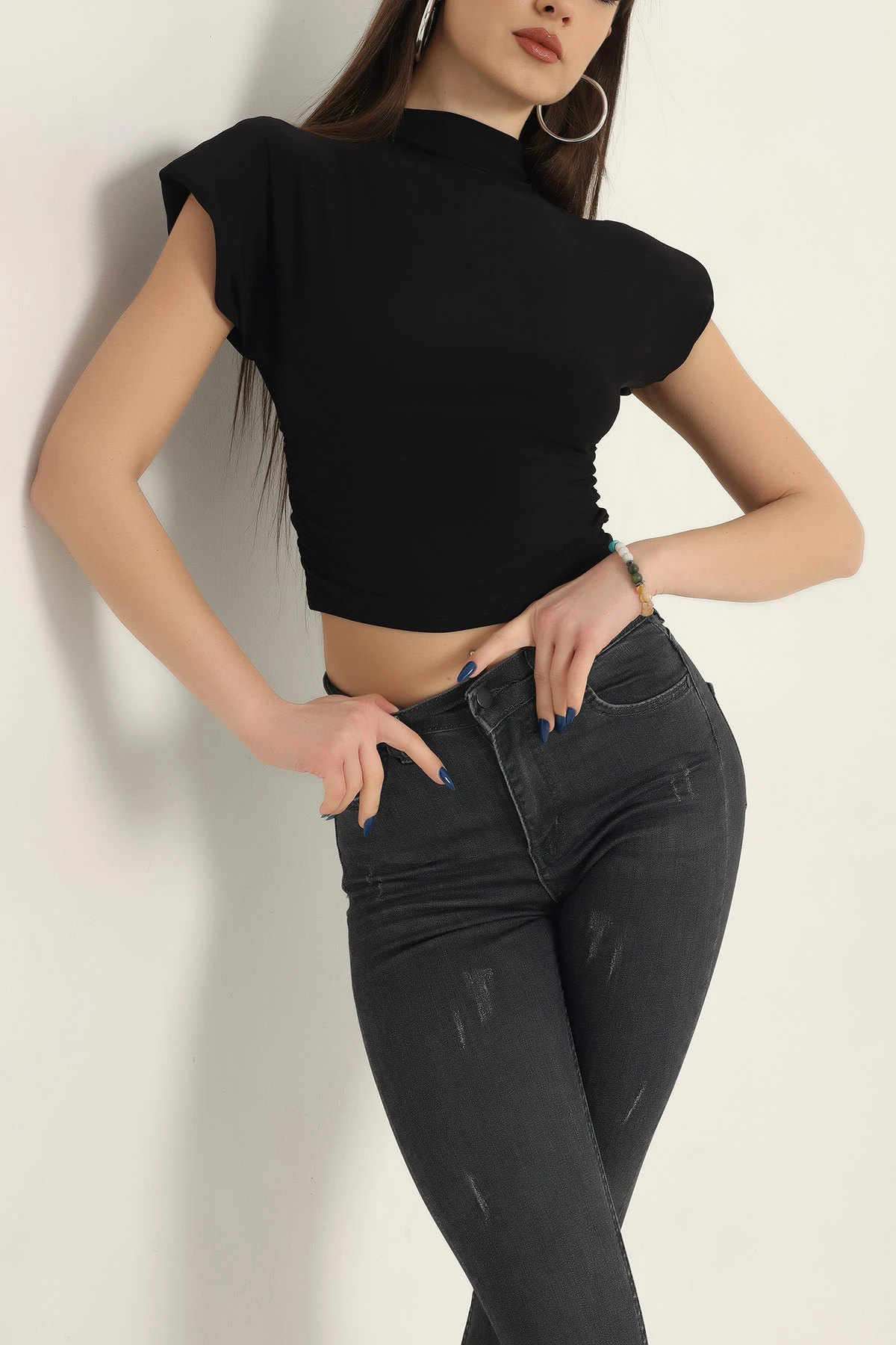 Siyah Yanları Büzgülü Vatkalı Sandy Bluz 337514