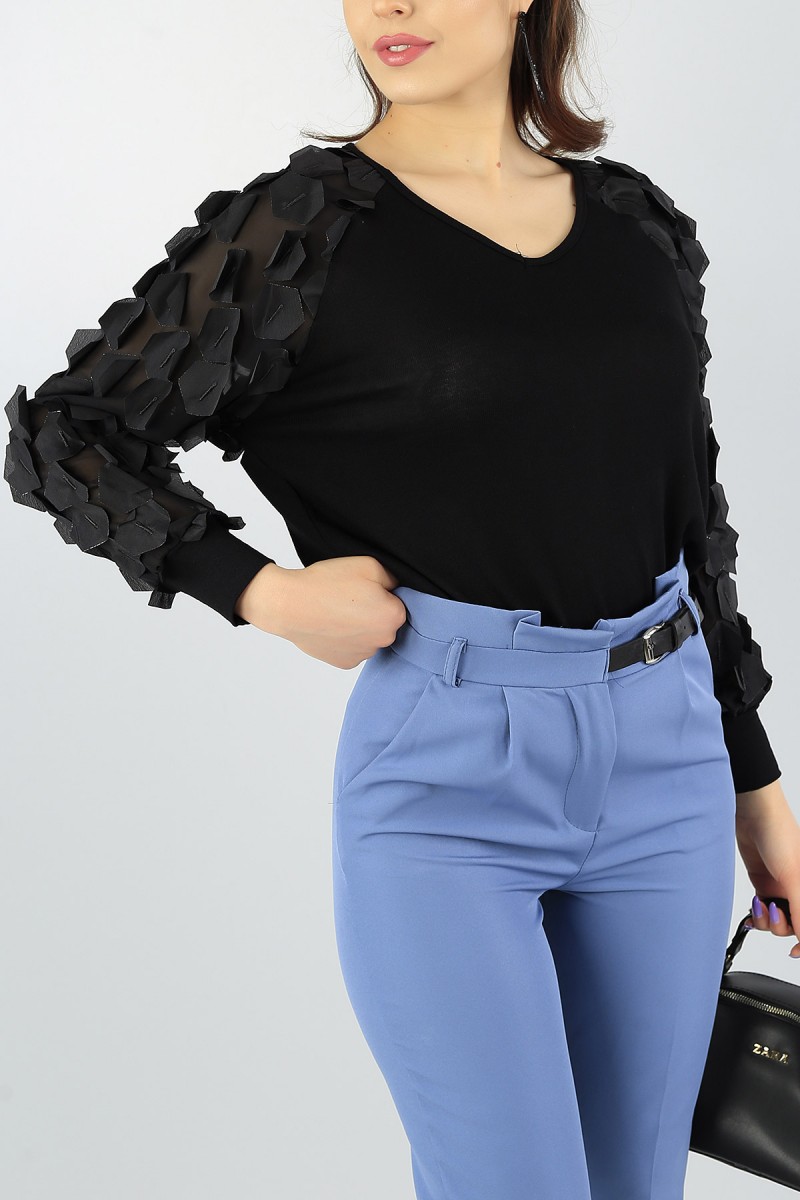 Siyah Yaprak Kol Bluz 56174