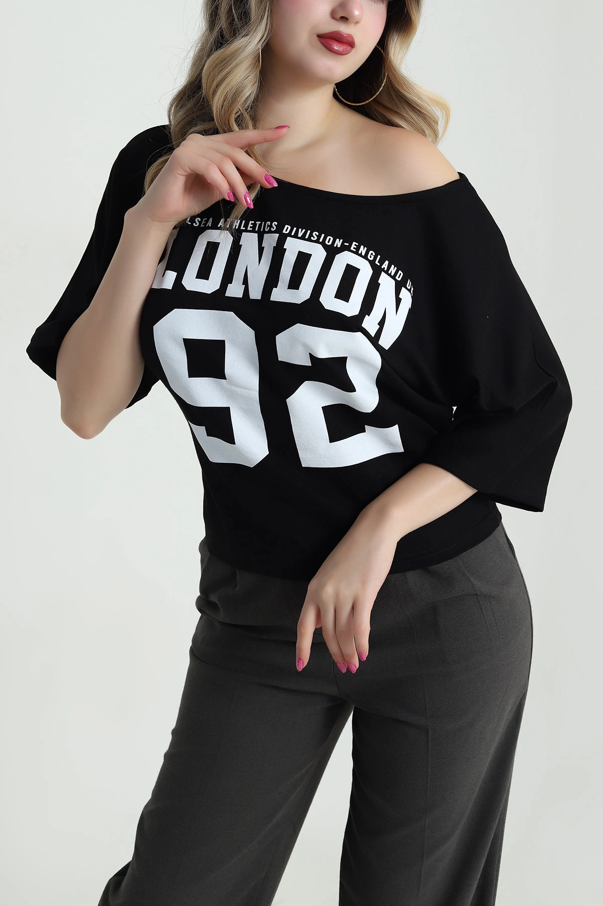 Siyah Yarasa Kol Baskılı Kadın Kristal Bluz 483237