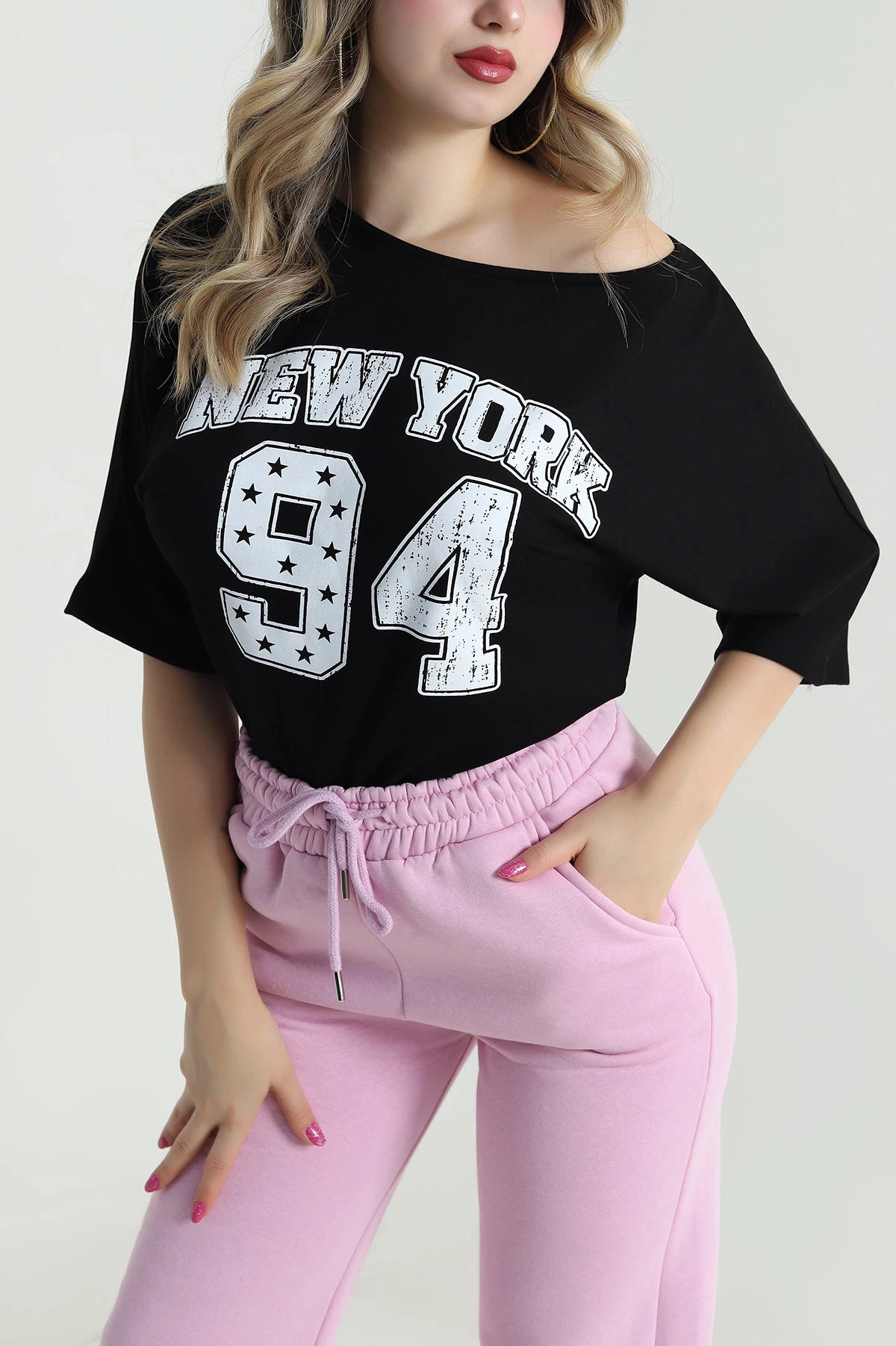 Siyah Yarasa Kol Baskılı Kadın Kristal Bluz 483248