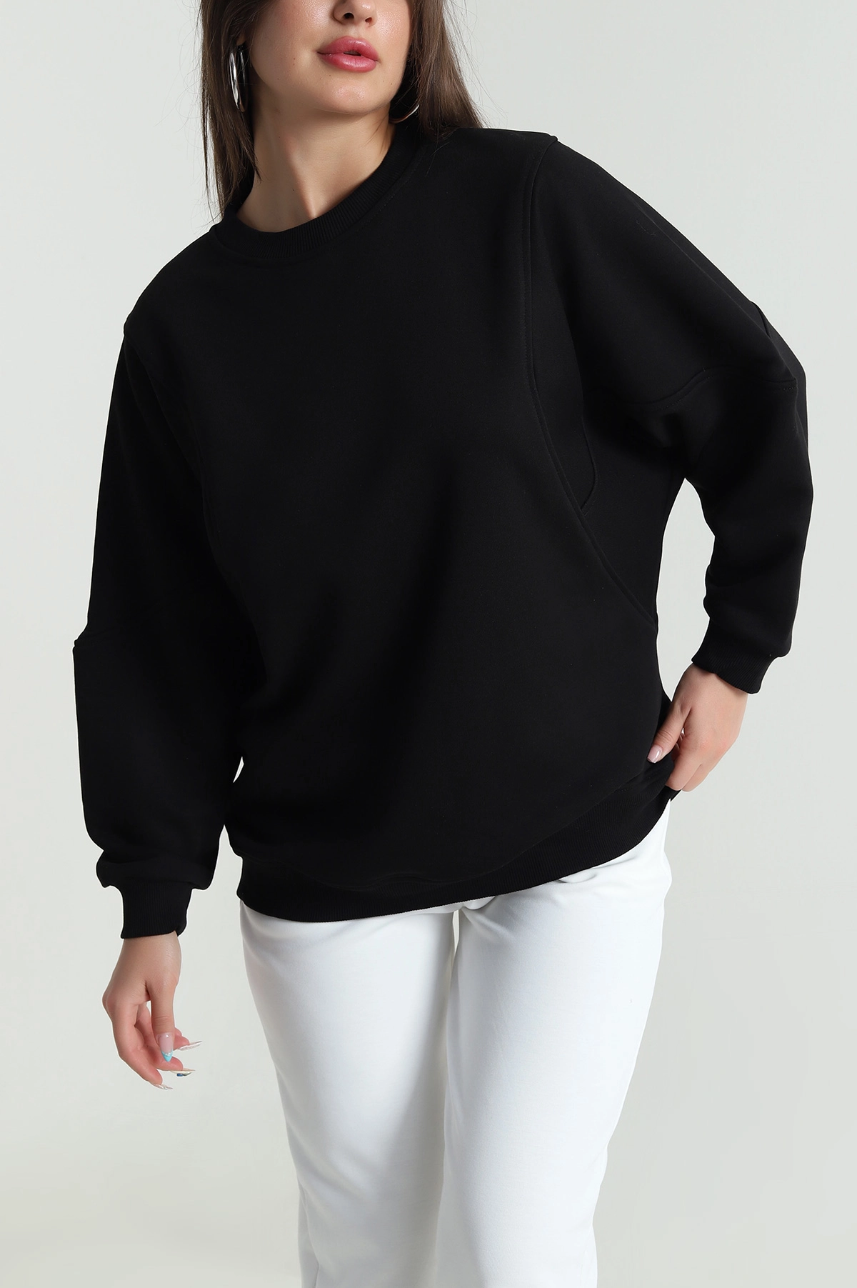 Siyah Yarasa Kol Üç İp Kadın Sweat 484259