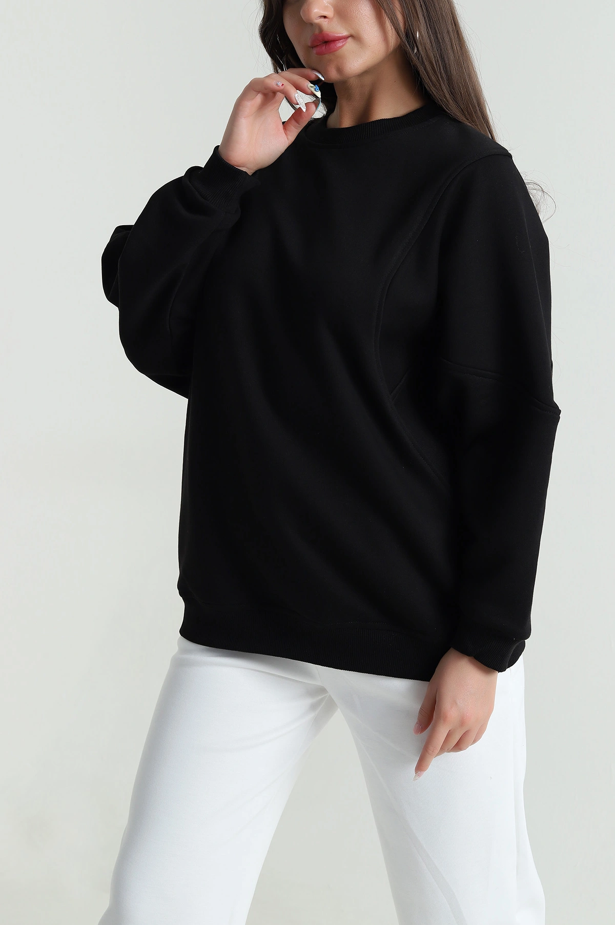 Siyah Yarasa Kol Üç İp Kadın Sweat 484259