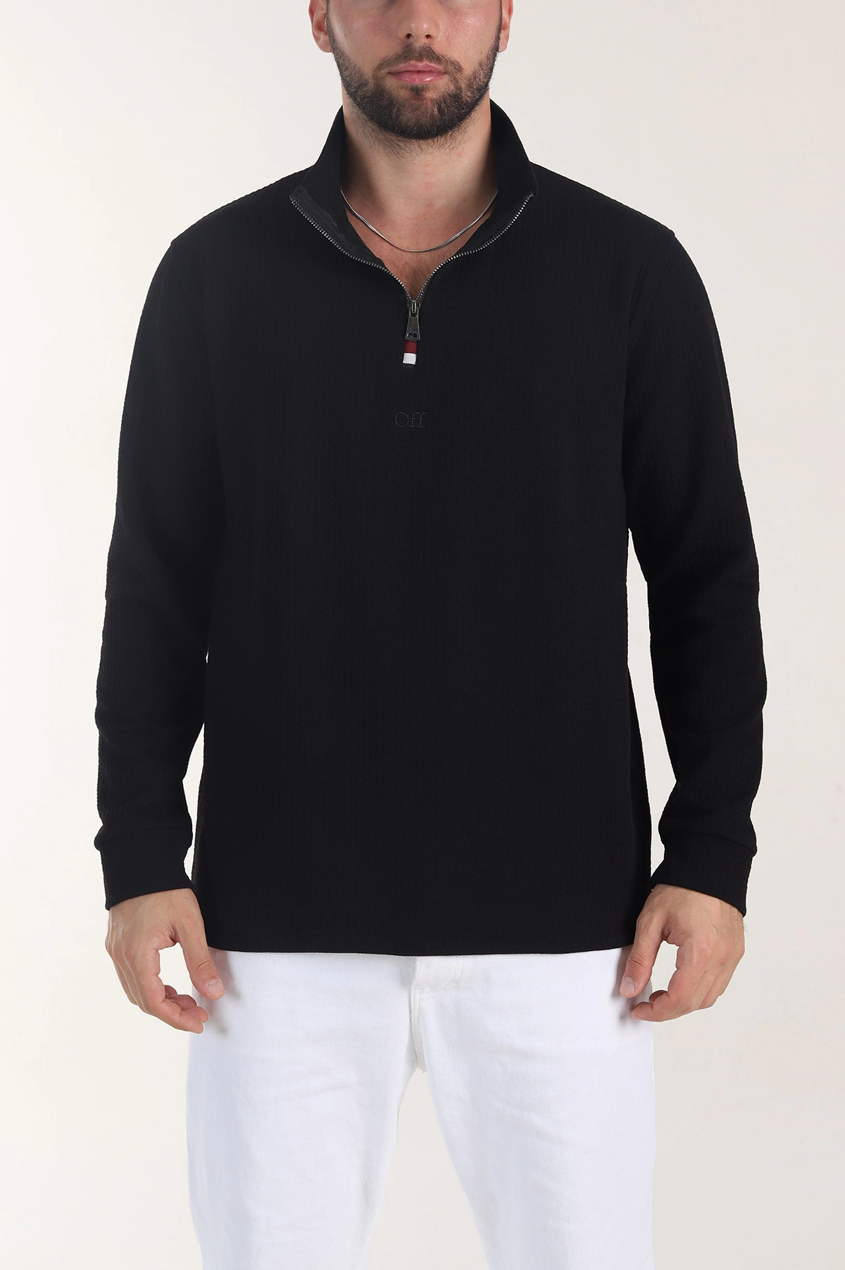 Siyah Yarım Fermuarlı Dik Yaka Dokulu Erkek Sweatshirt 406819
