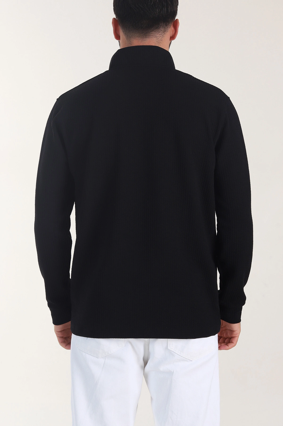 Siyah Yarım Fermuarlı Dik Yaka Dokulu Erkek Sweatshirt 406819