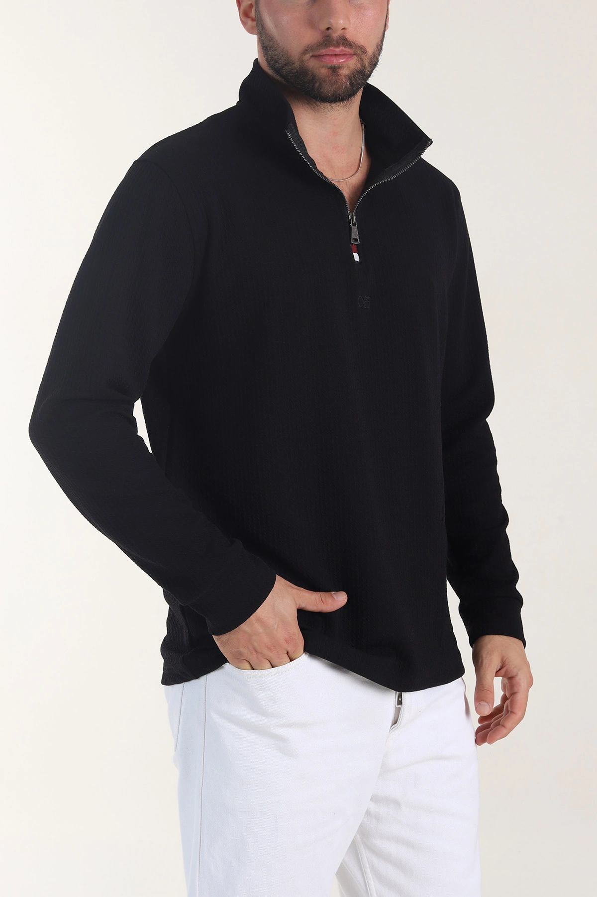 Siyah Yarım Fermuarlı Dik Yaka Dokulu Erkek Sweatshirt 406819