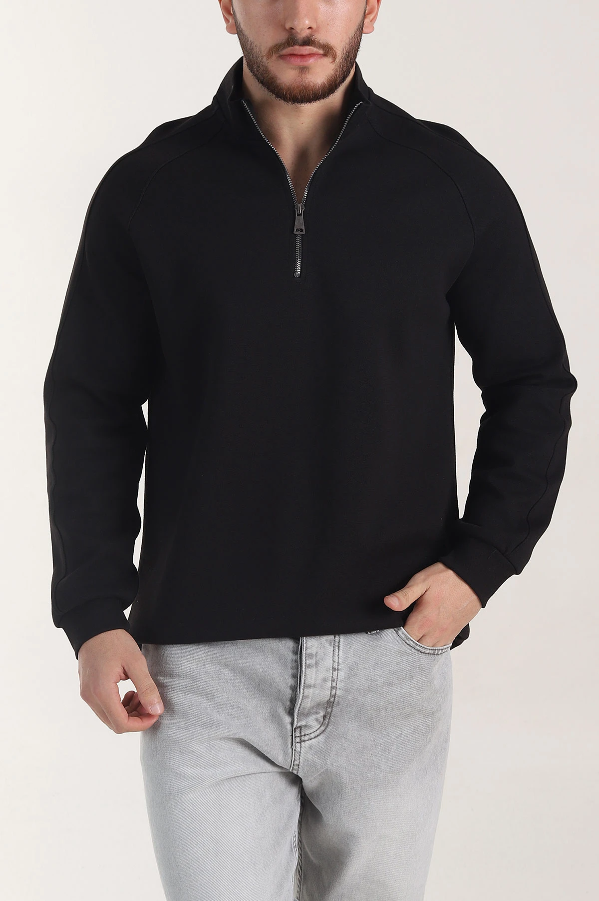 Siyah Yarım Fermuarlı Dik Yaka Erkek Sweatshirt 404801