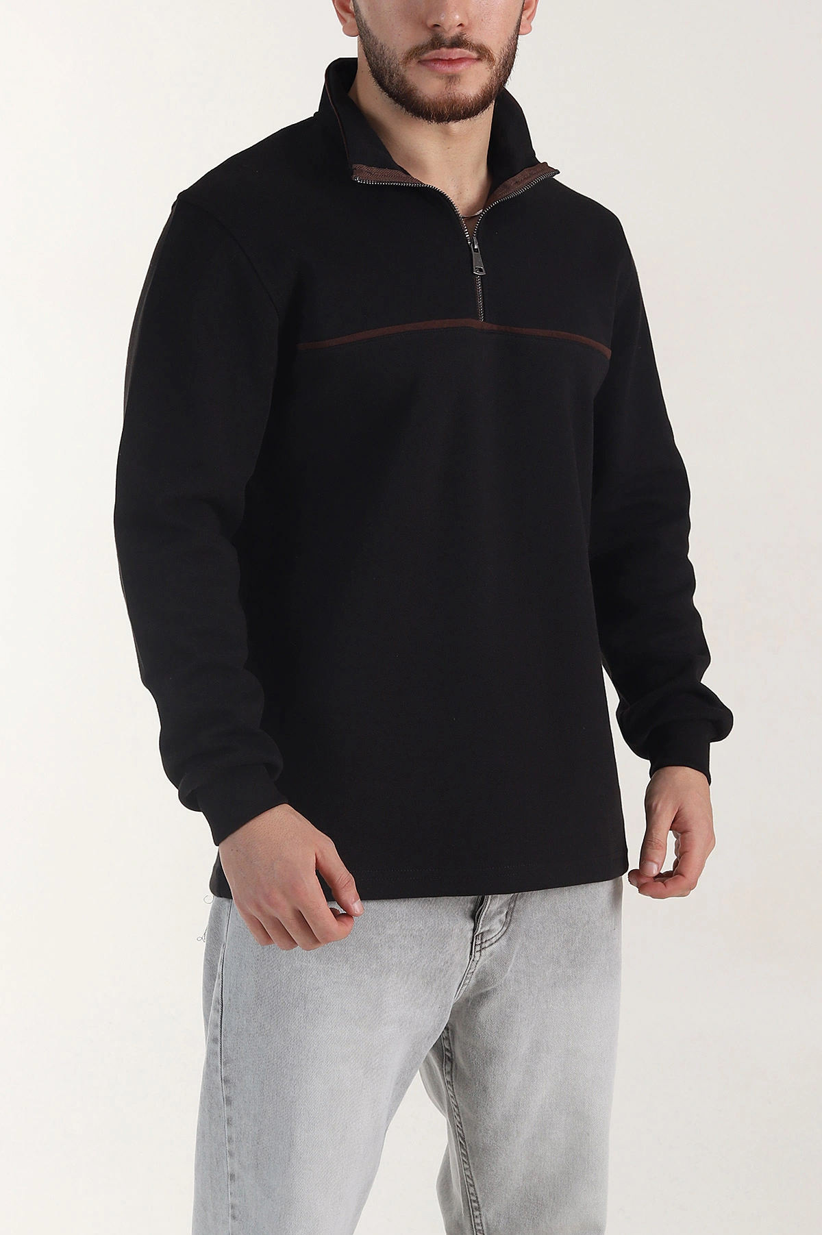 Siyah Yarım Fermuarlı Dik Yaka Erkek Sweatshirt 404820