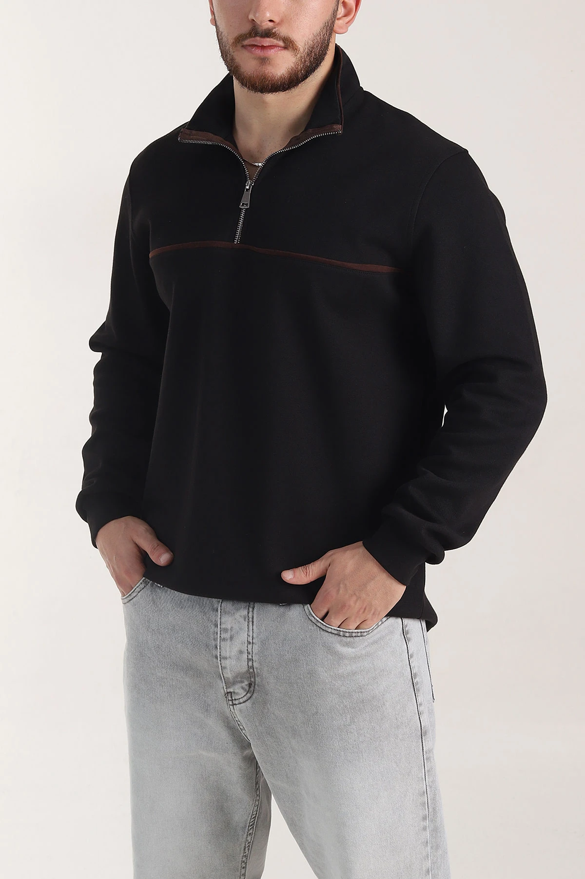 Siyah Yarım Fermuarlı Dik Yaka Erkek Sweatshirt 404820