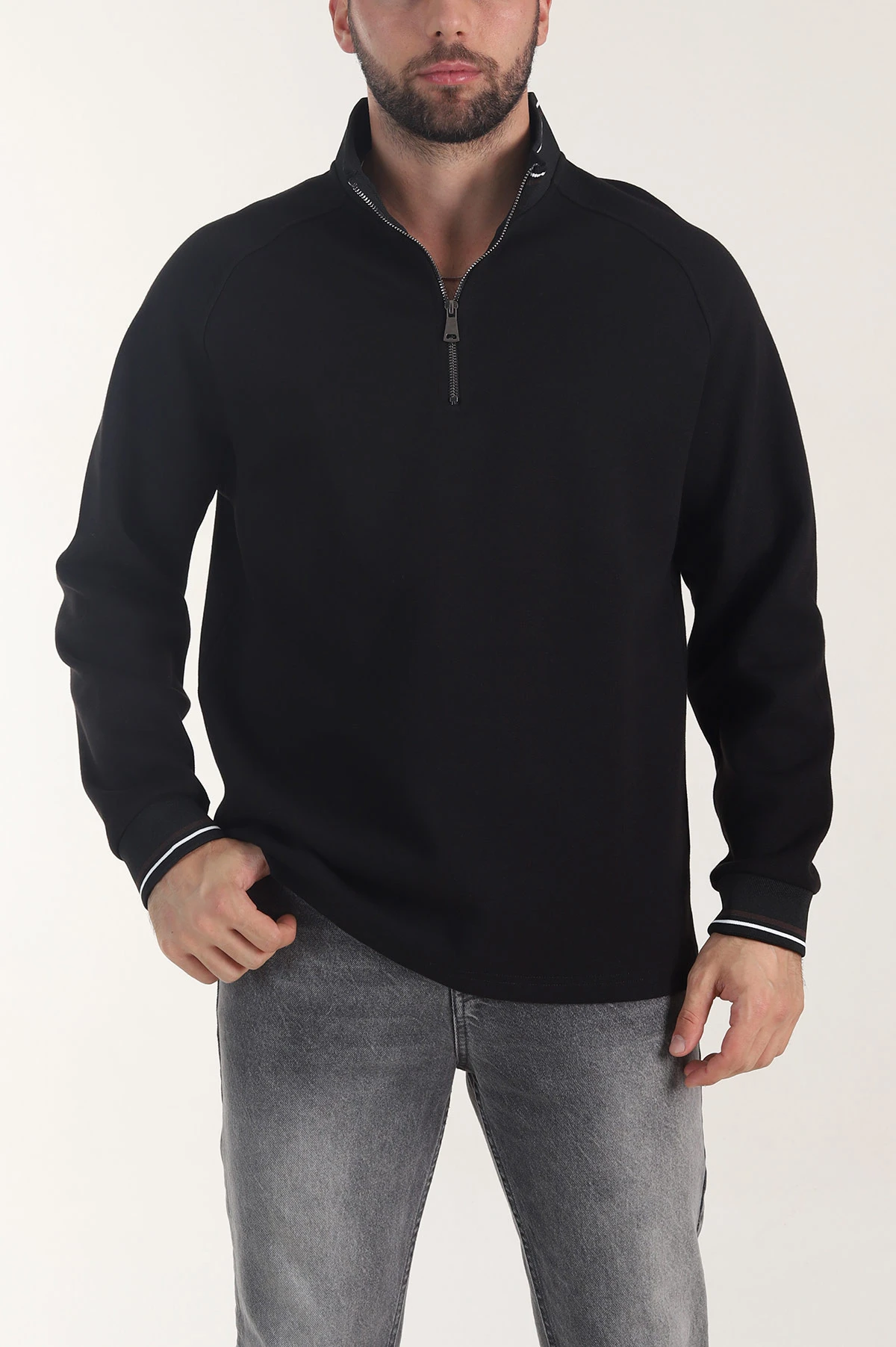 Siyah Yarım Fermuarlı Dik Yaka Erkek Sweatshirt 406950
