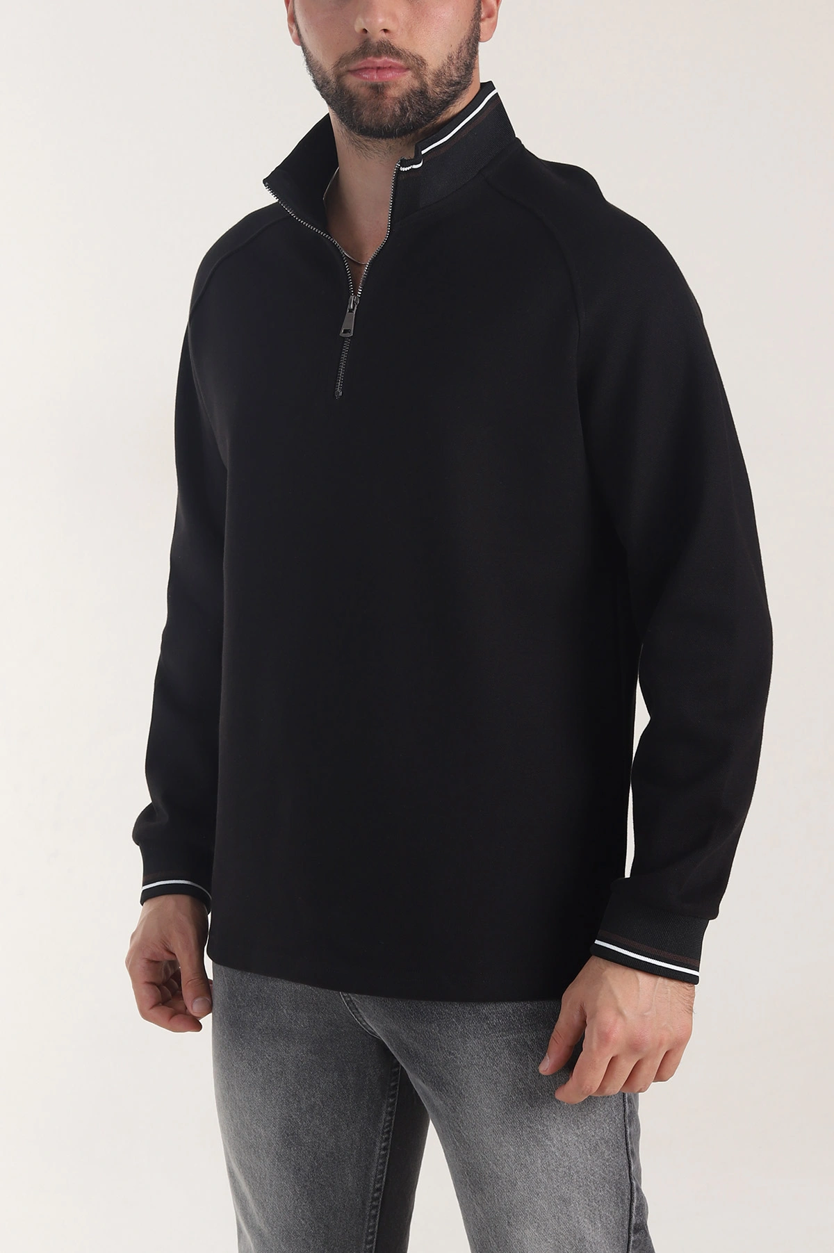 Siyah Yarım Fermuarlı Dik Yaka Erkek Sweatshirt 406950