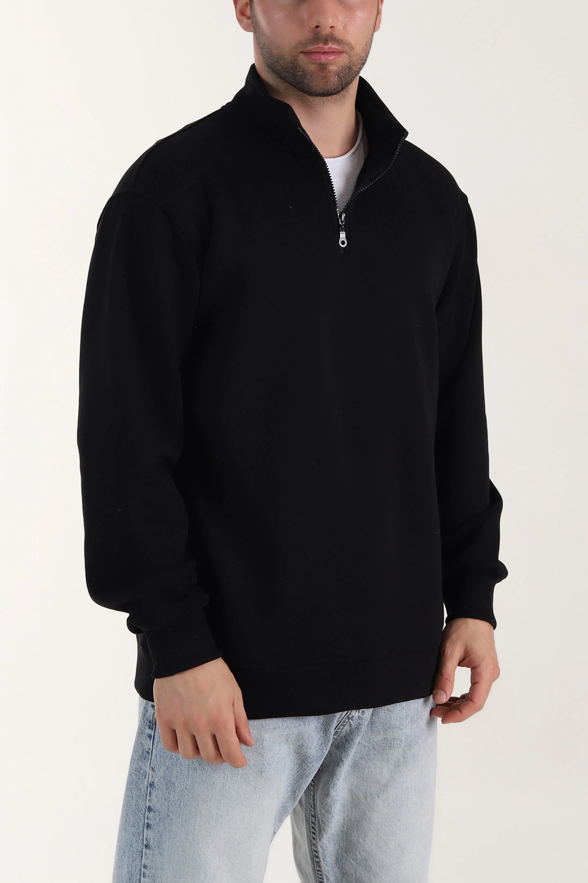 Siyah Yarım Fermuarlı Dik Yaka Erkek Sweatshirt 413424