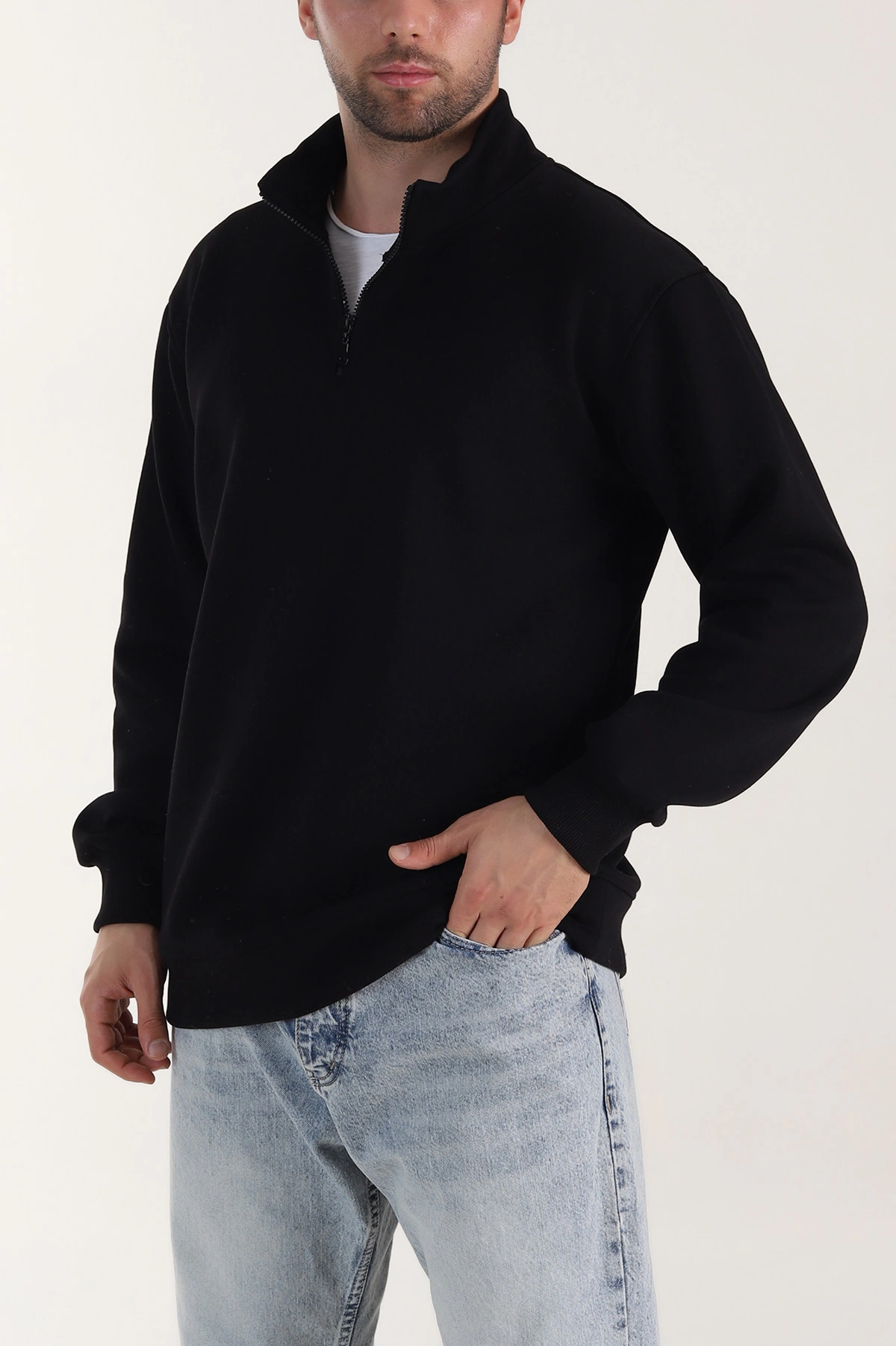 Siyah Yarım Fermuarlı Dik Yaka Erkek Sweatshirt 413424